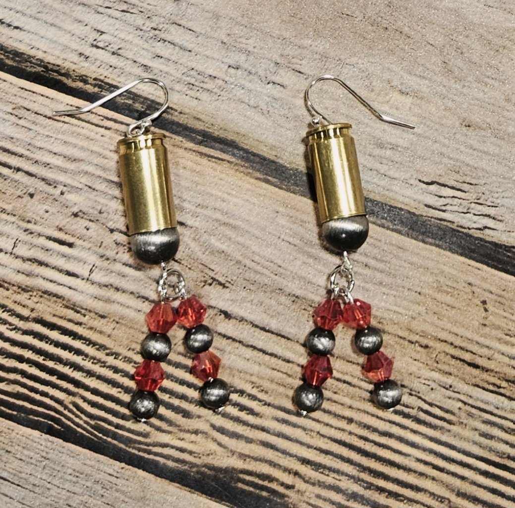 navajo pearl earrings, ammo earrings, silver earrings, red crystal beads, handmade jewelry
