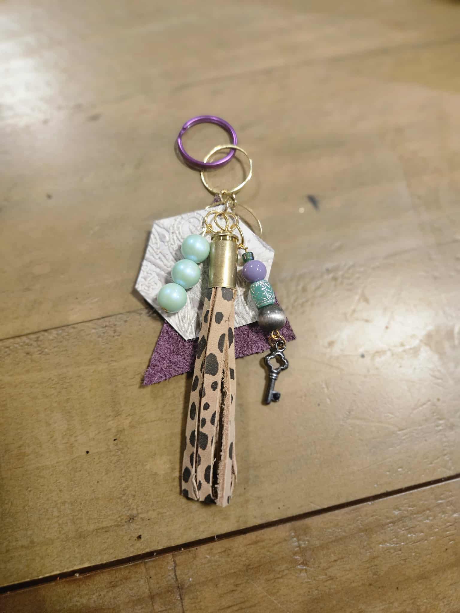 leather leopard ammo keychain, leopard tassel keychain, beaded keychain, ammo keychain, ammo tassel
