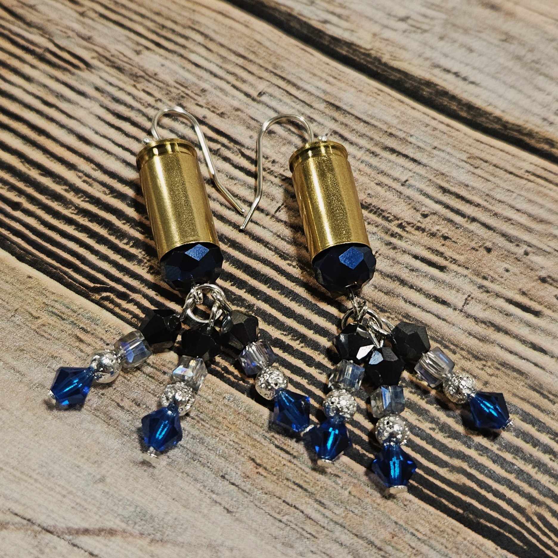 ammo silver earrings, crystal bead tassel earrings. handmade earrings, silver hook earrings