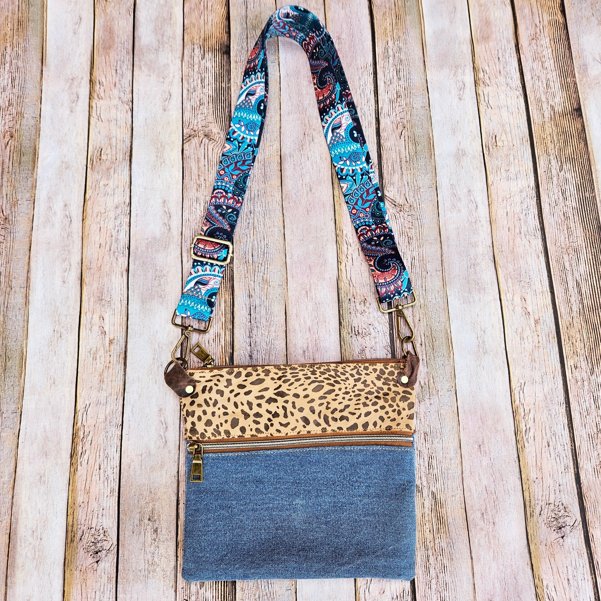 repurposed denim, denim bag, denim crossbody, leopard leather, leather bag, handmade bag, handmade crossbody,
