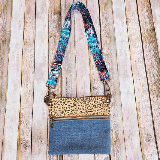 repurposed denim, denim bag, denim crossbody, leopard leather, leather bag, handmade bag, handmade crossbody,