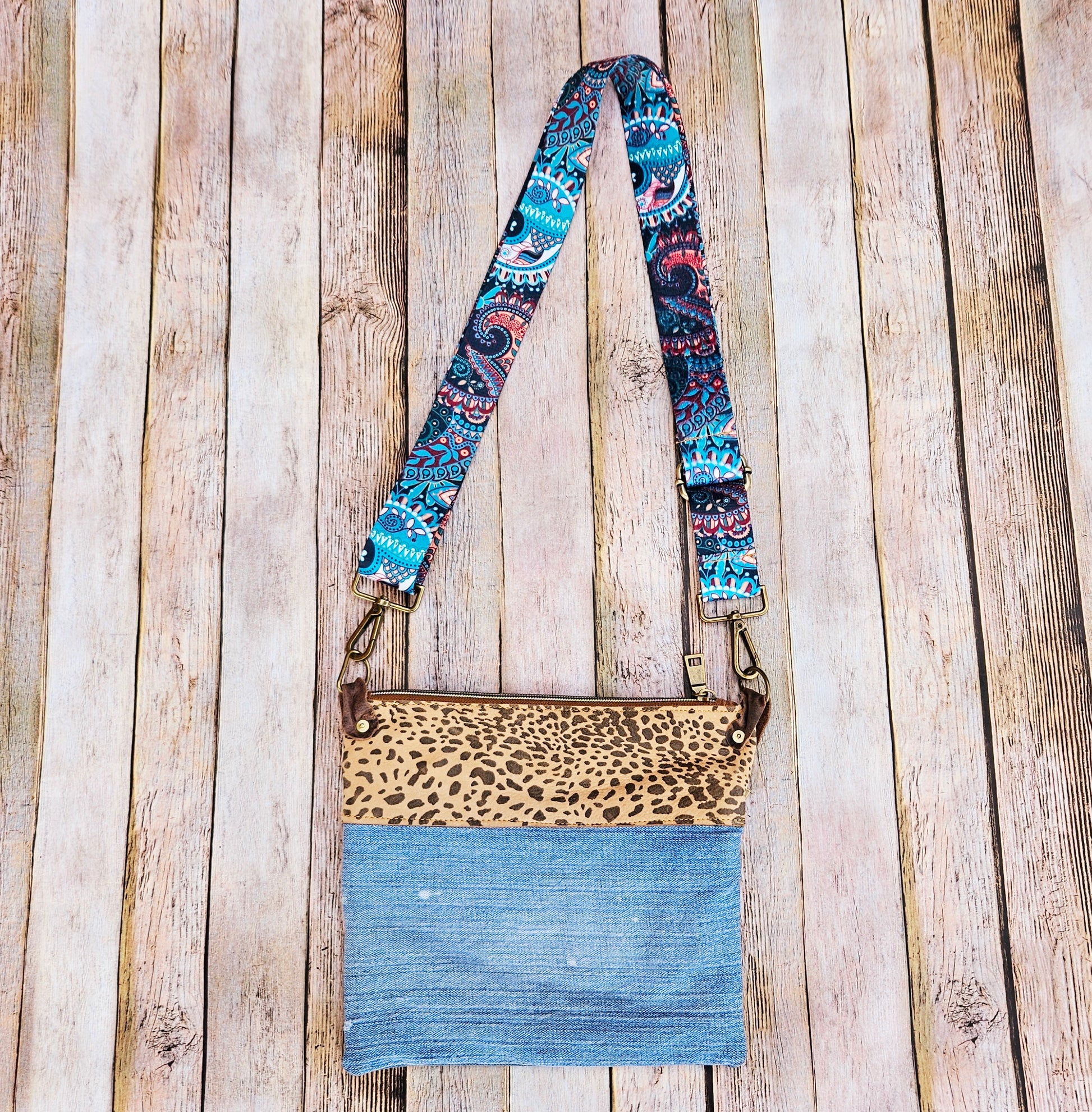 denim crossbody, handmade bag, repurposed denim, leopard leather, bag strap, crossbody, purse