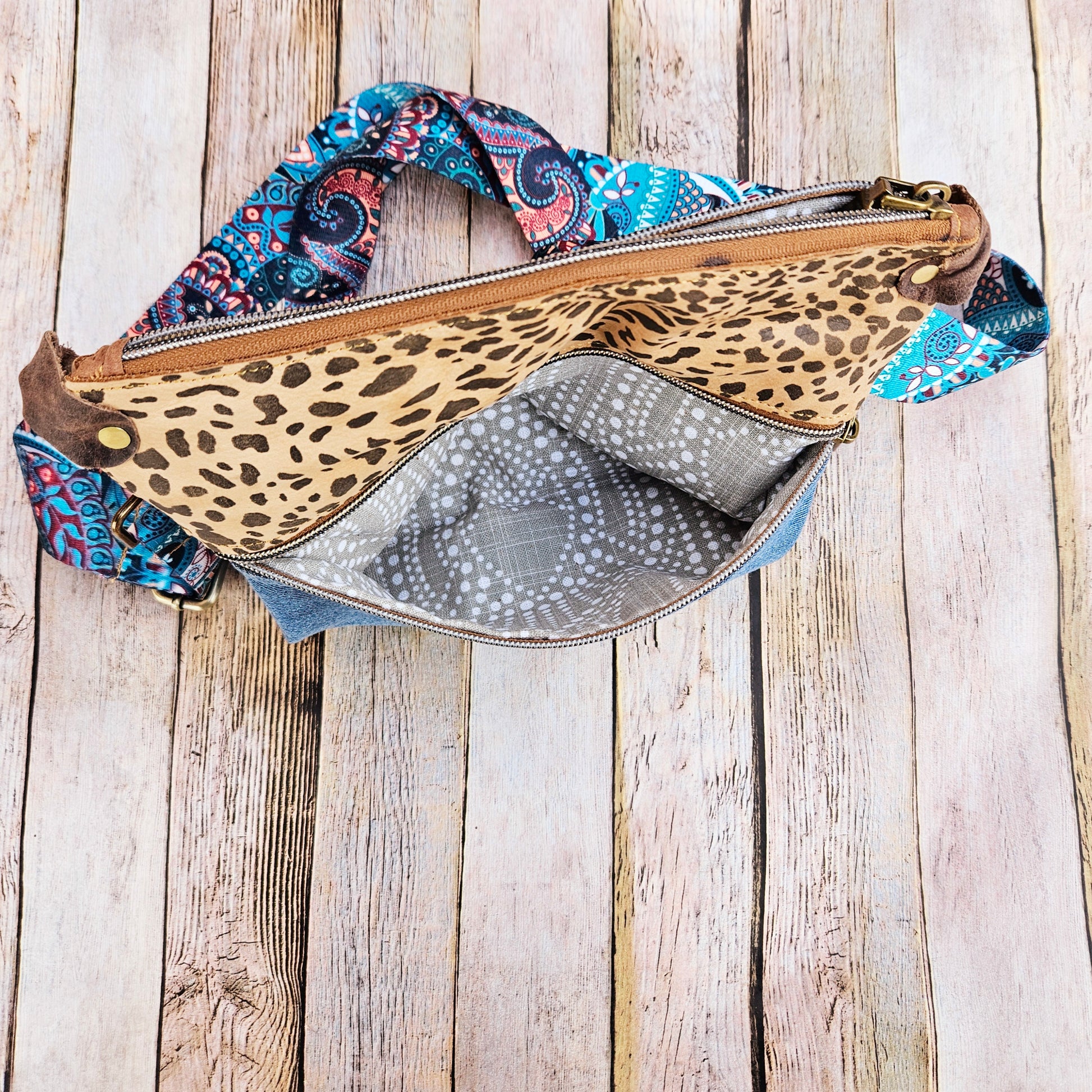 leopard leather, denim bag, crossbody bag, denim crossbody,