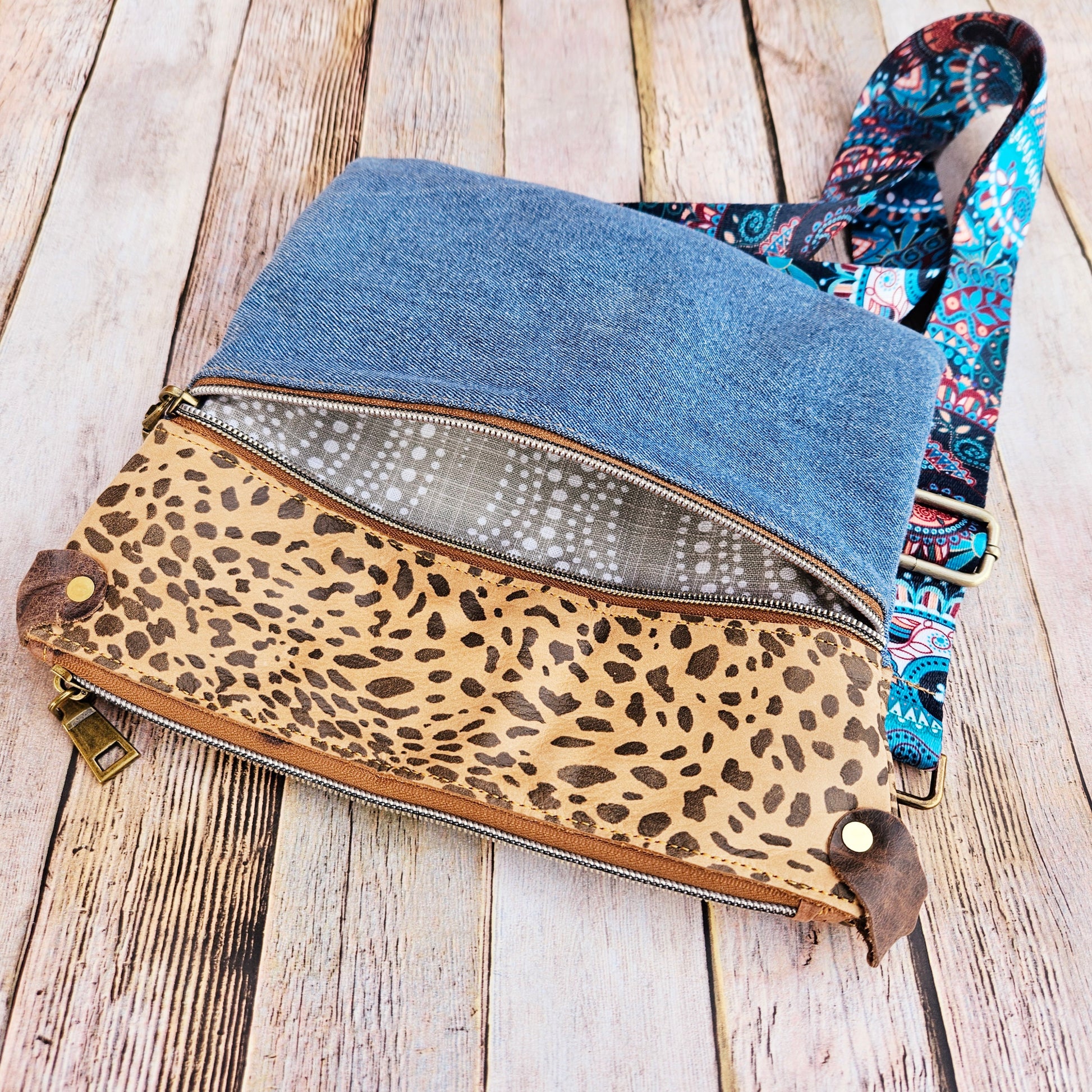 denim bag, leopard bag, crossbody bag, crossbody, repurposed denim,