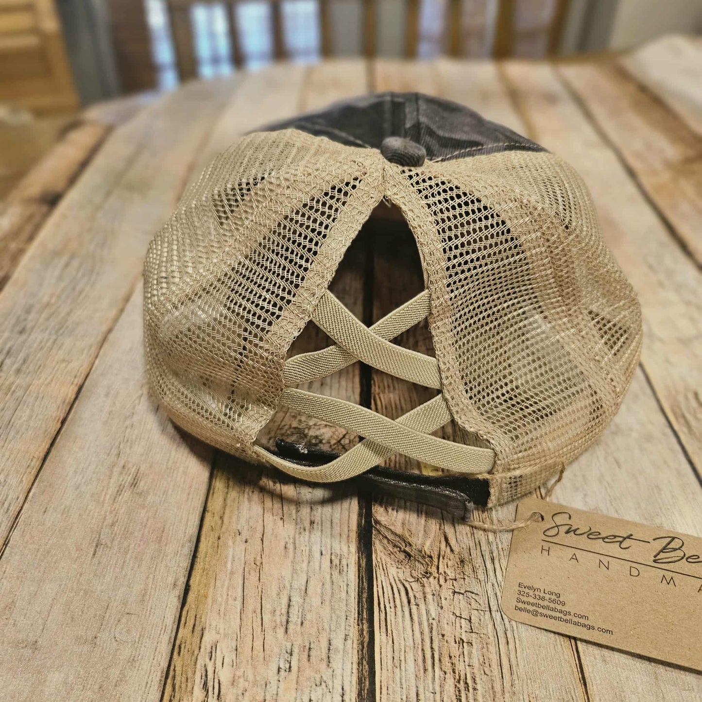 back of grey camo ponytail cap with fur on leather patch, nope not today hat, embroidered leather nope hat