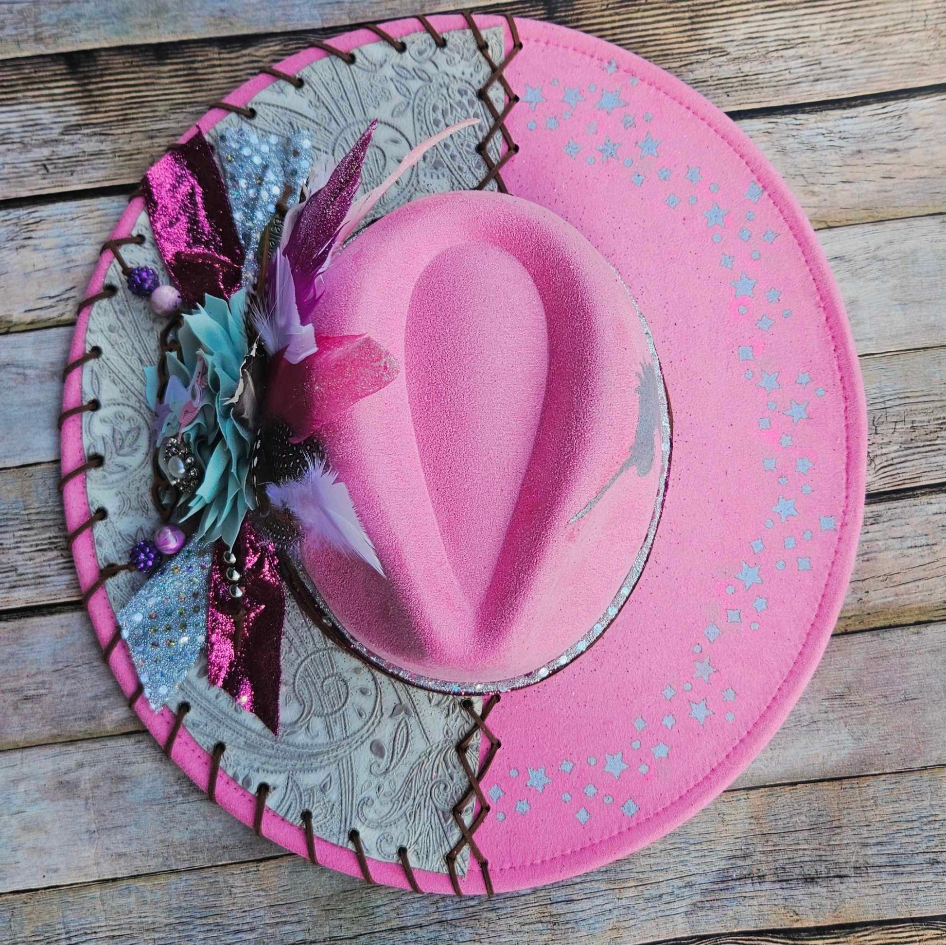 pink felt wide brim hat, unicorn painted hat, wide brim feathered hat, leather laced hat, hand crafted wide brim hat. adjustable pink hat