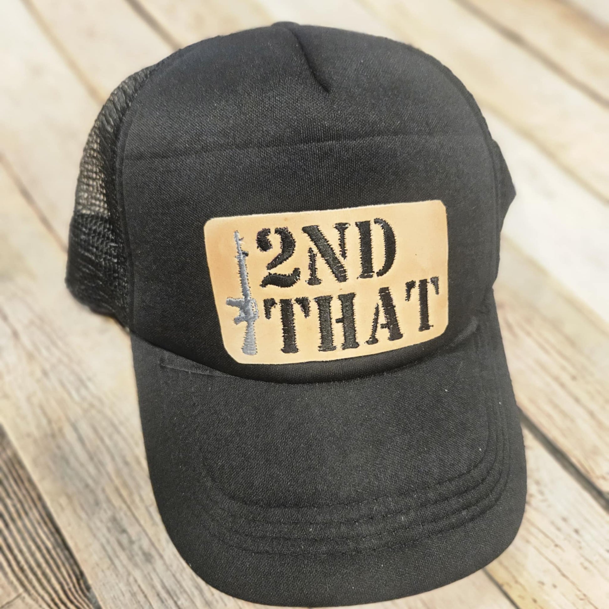 "2nd That" Leather patch black trucker cap, black cap with leather embroidered patch hat, men's hat
