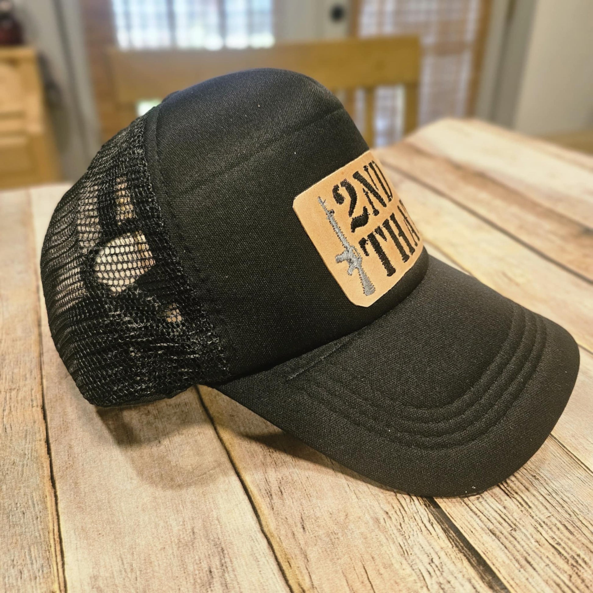 "2nd That" Leather patch black trucker cap, black cap with leather embroidered patch hat, men's hat