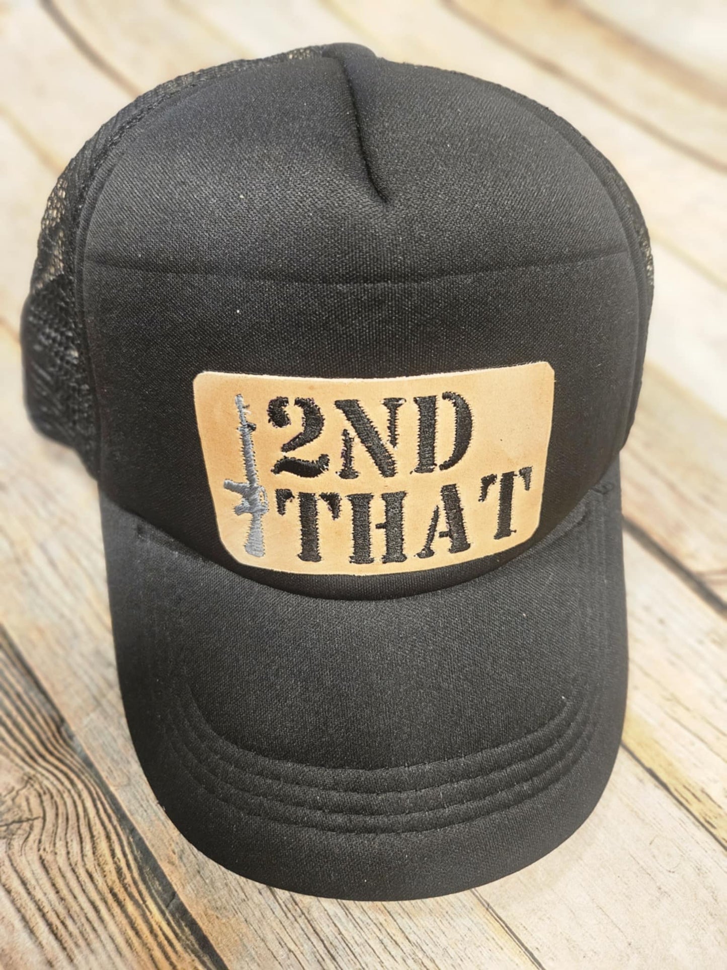 "2nd That" Leather patch black trucker cap, black cap with leather embroidered patch hat, men's hat