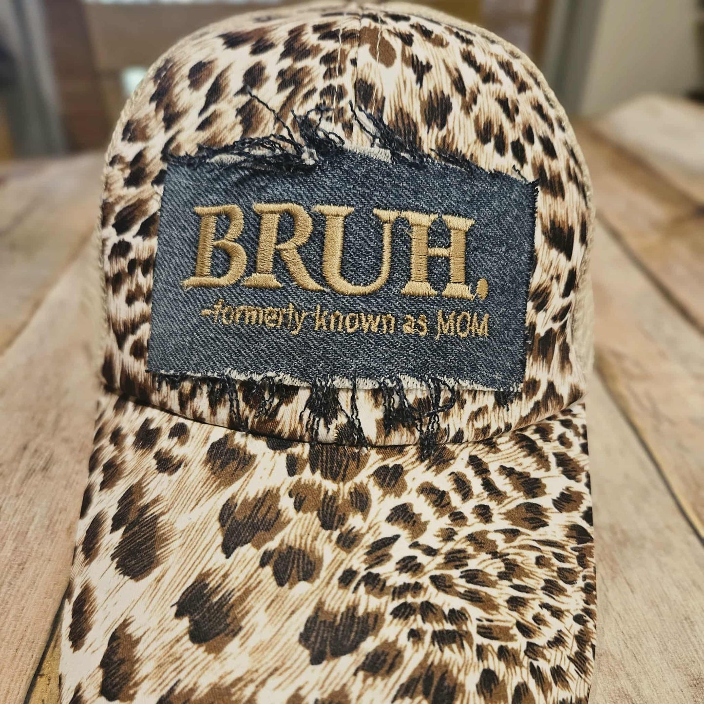 leopard print denim patch cap, denim "Bruh" formally known as mom crisscross hat, embroidered denim patch ponytail hat