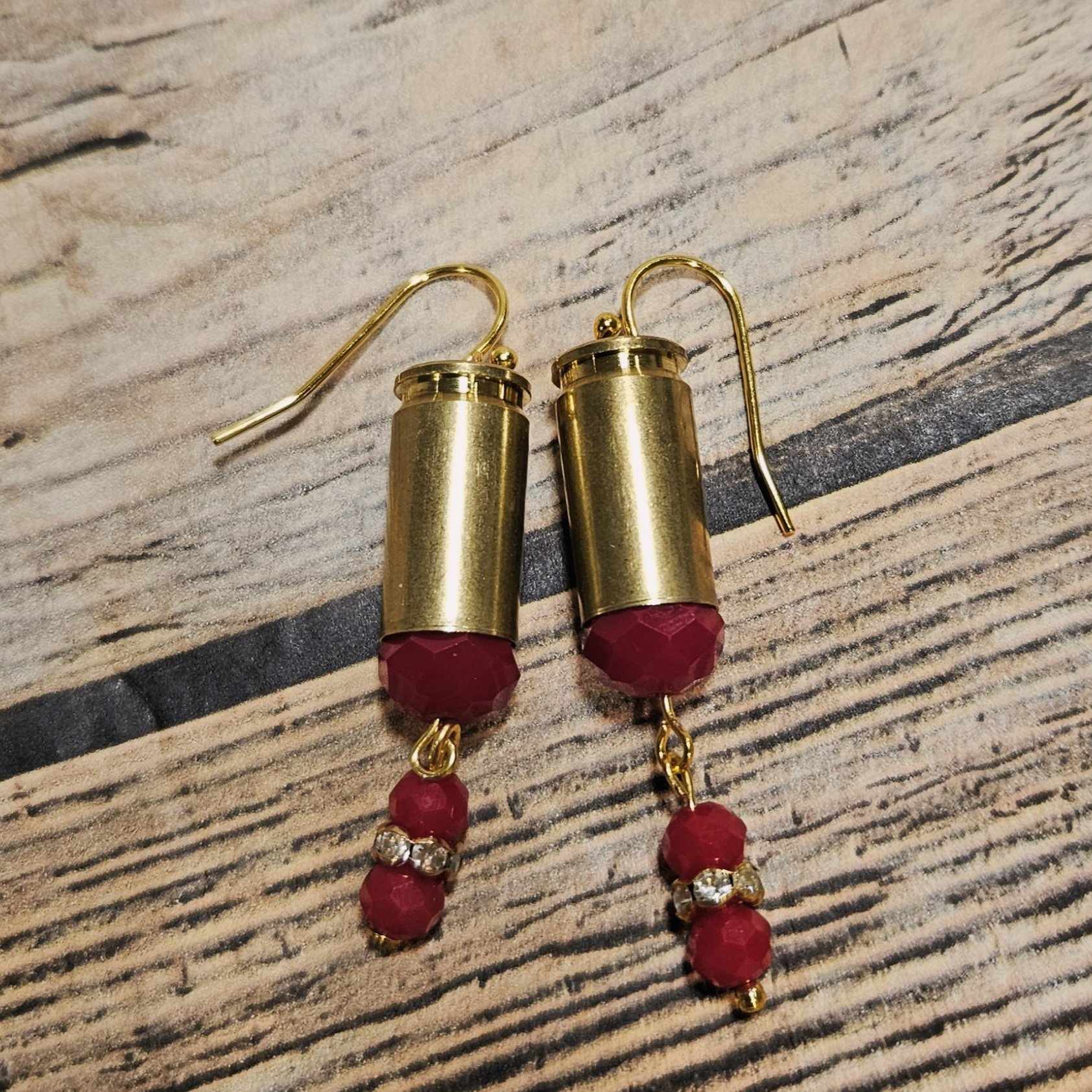 ammo earrings, red crystal earrings, handmade earrings