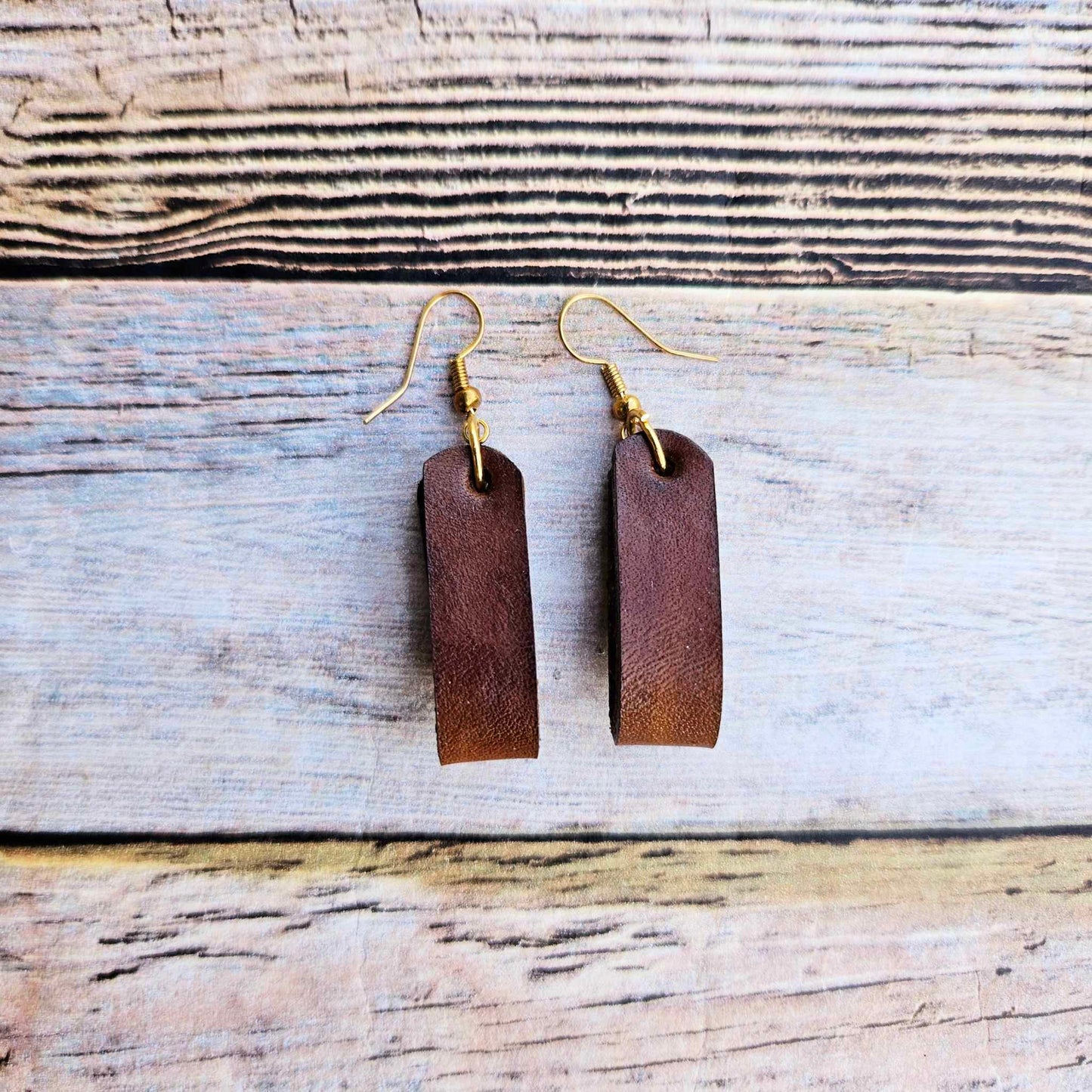 gold earrings, brown leather loop jewelry, handmade earrings