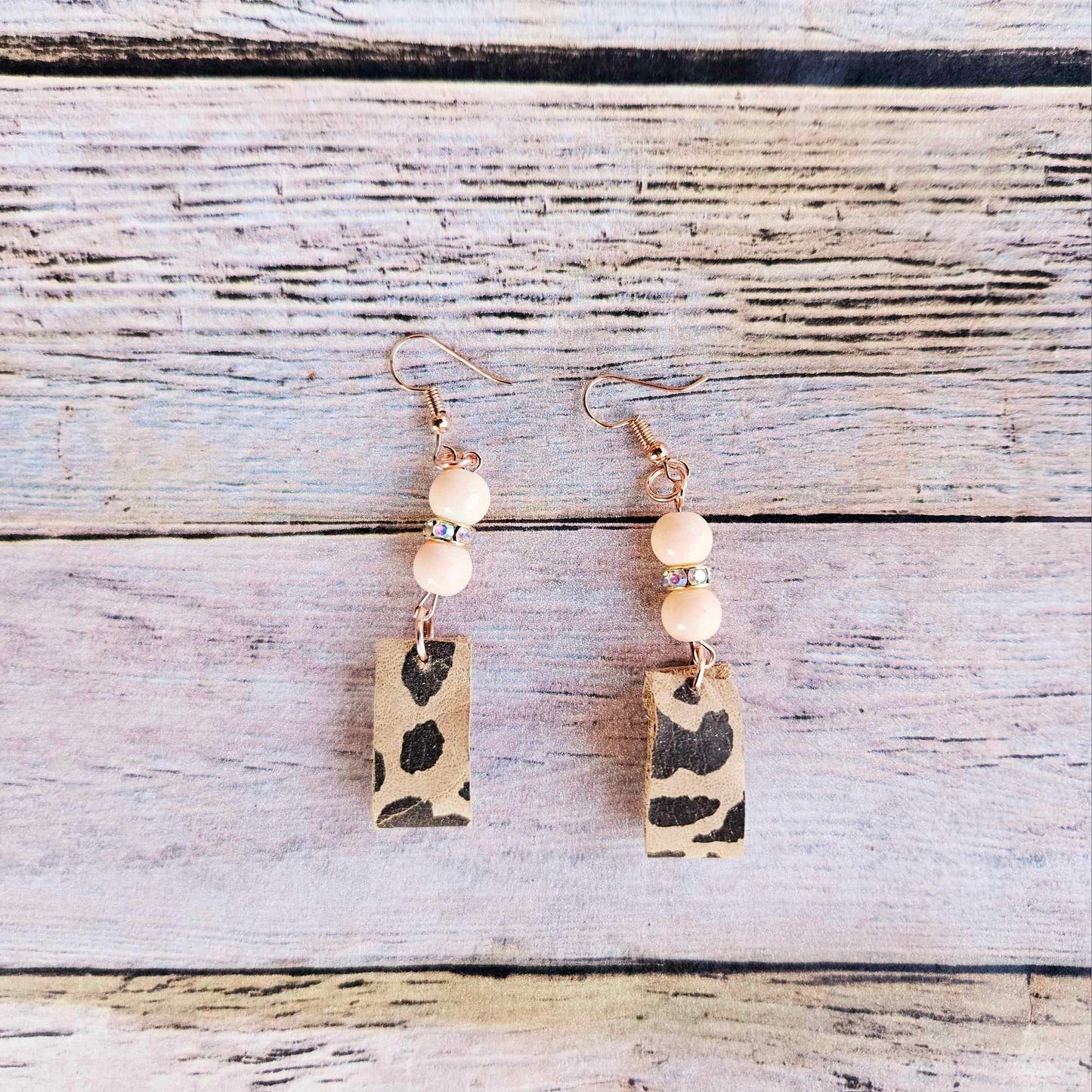 leopard leather earrings, peach bead earrings, gold rhinestone beads, handmade jewelry