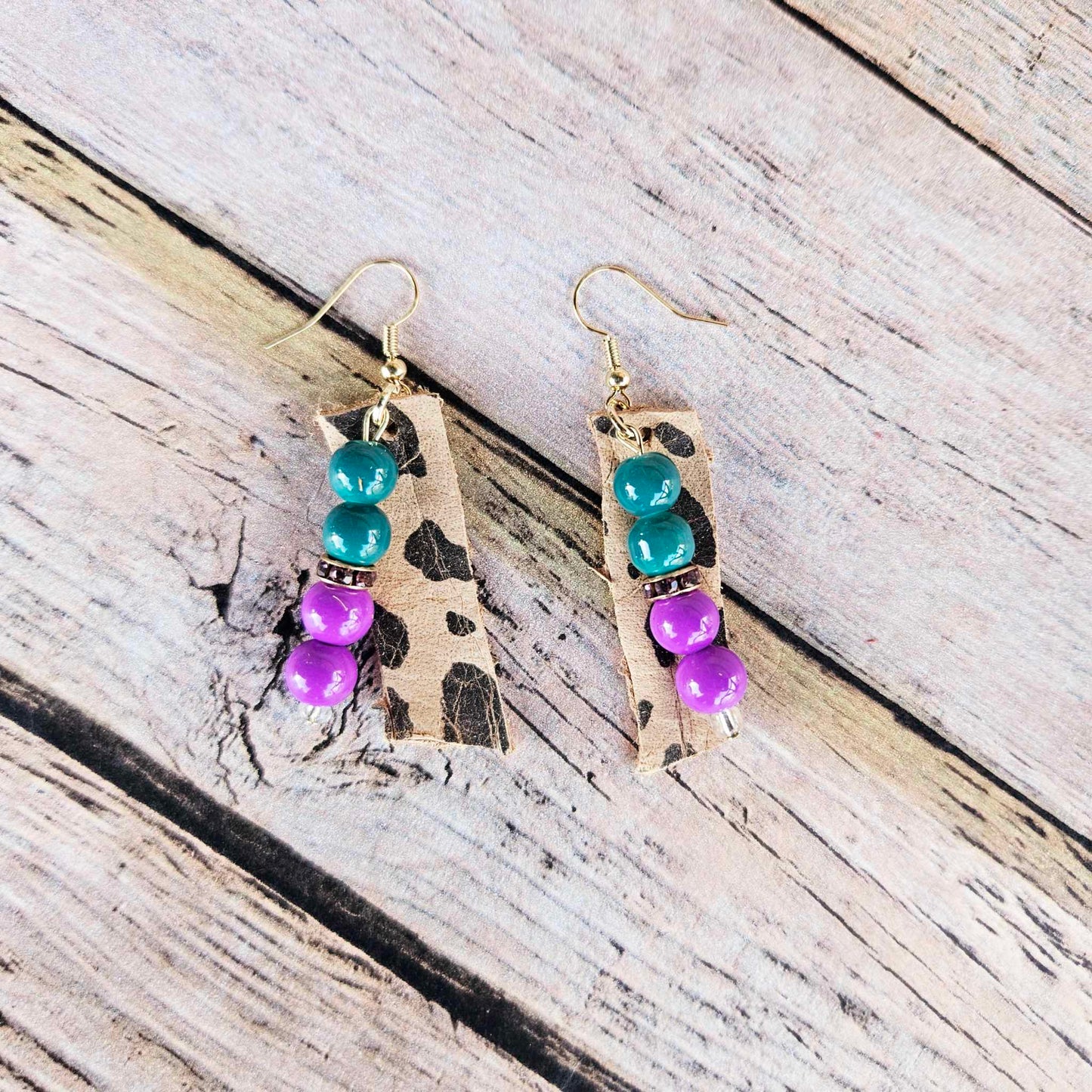 gold earrings, purple & teal beaded earrings, purple rhinestone beads, leopard leather jewelry, handmade jewelry