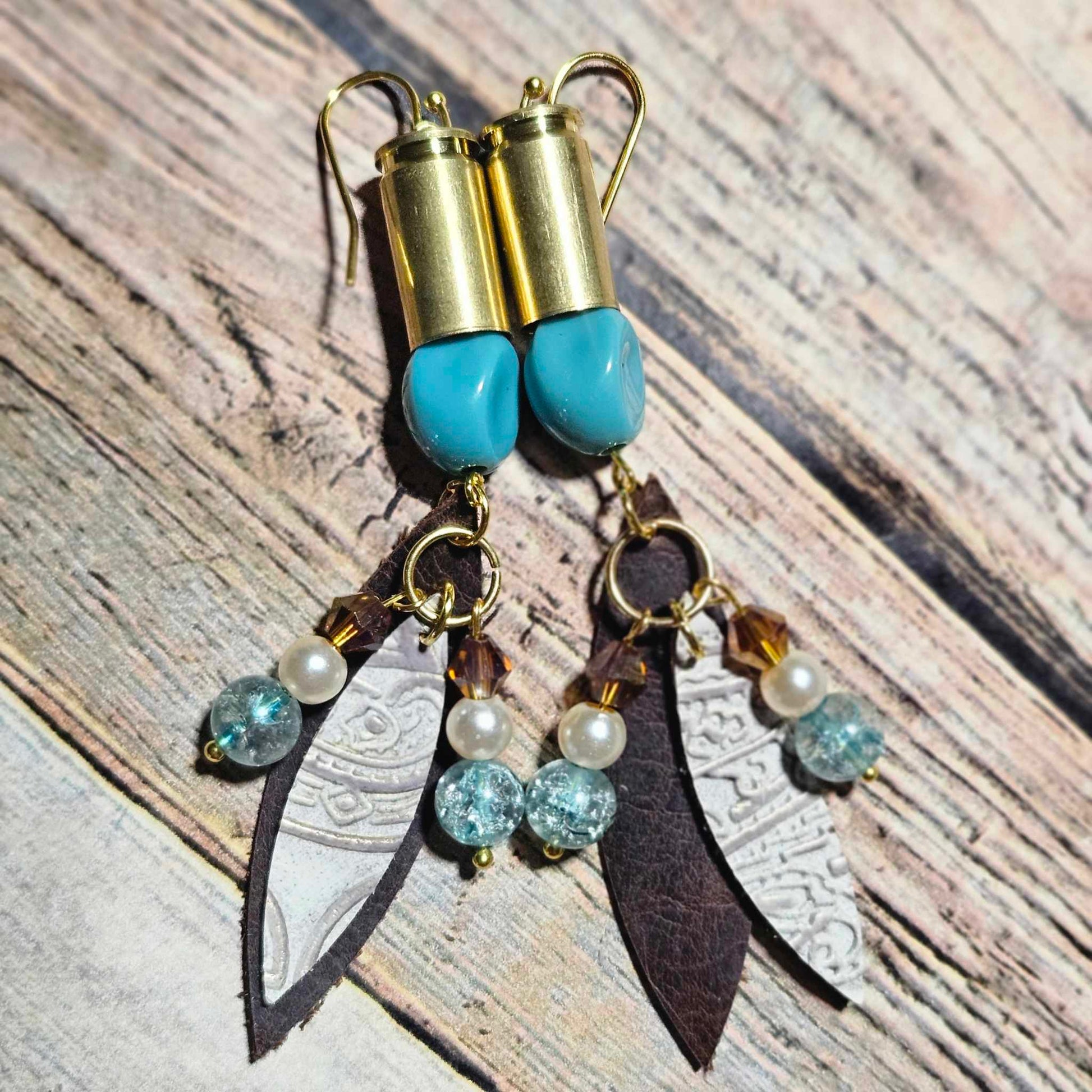 ammo tassel earrings, gold ammo earrings, crystal bead earrings, white leather jewelry, brown leather jewelry