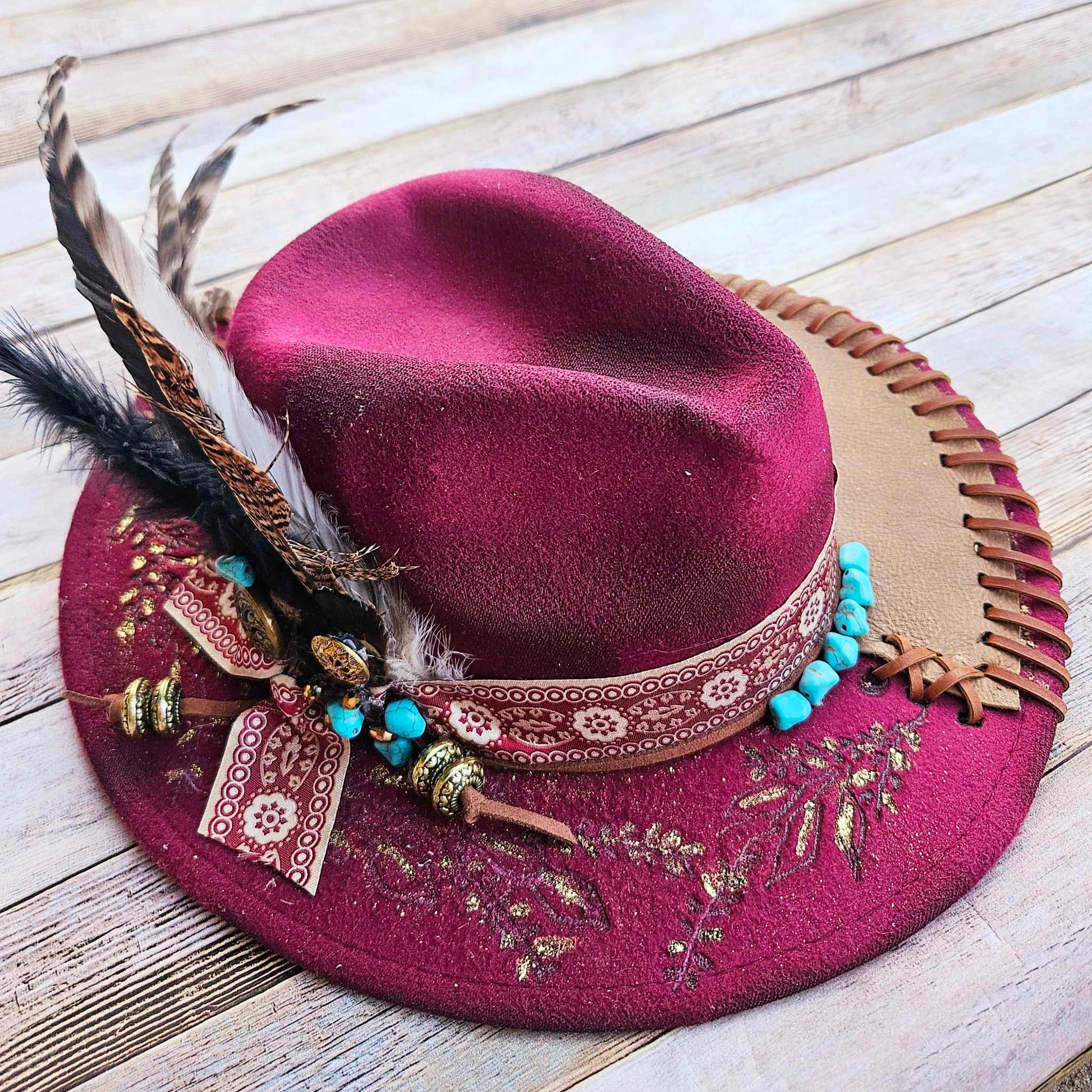 burned brim hat, burgundy hat, feathered brim hat, leather laced hat