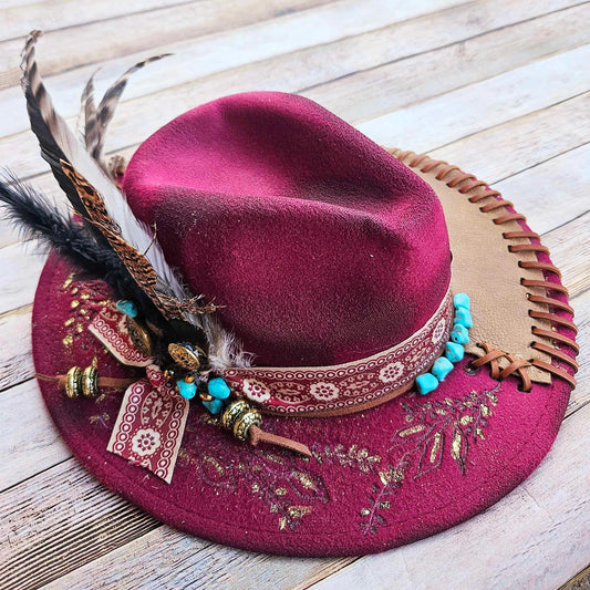 burned brim hat, burgundy hat, feathered brim hat, leather laced hat