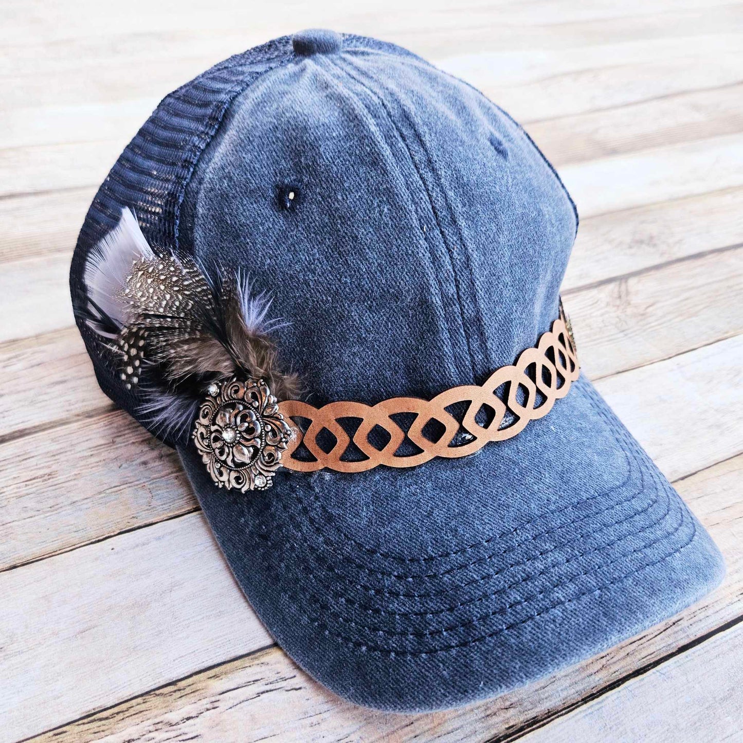 blue trucker hat, burned leather band hat, antique broach trucker hat