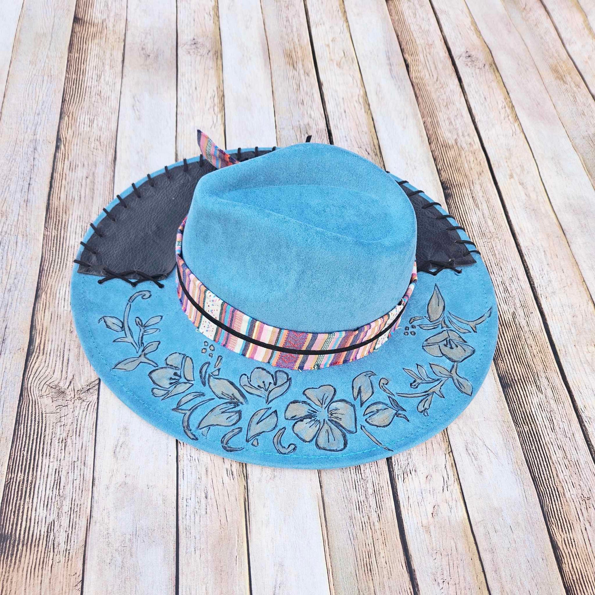 blue brimmed hat, floral burned hat, leather stitched hat, handmade hats,