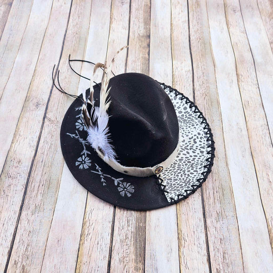Black Floral Burned and Snow Leopard Leather Wide Brim Hat