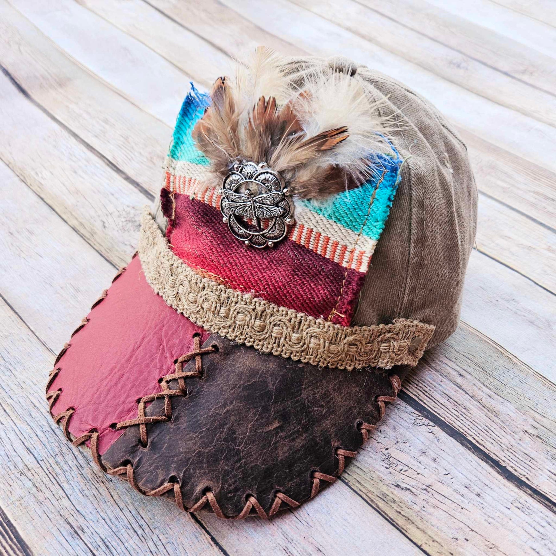 red leather ballcap, leather laced ballcap, feathered ballcap, dragonfly ballcap, sarape hat