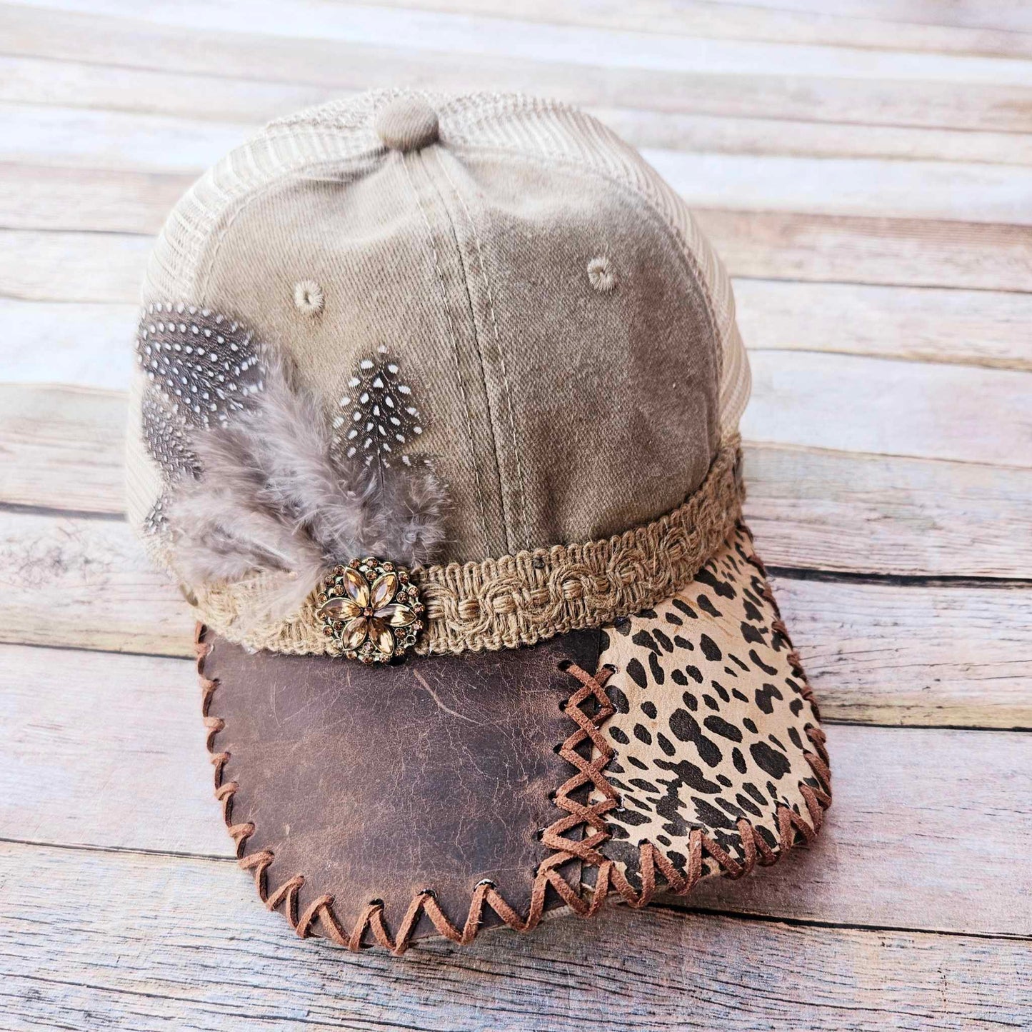 khaki trucker hat, leopard leather hat, feather trucker hat, antique button hat, leather laced hat