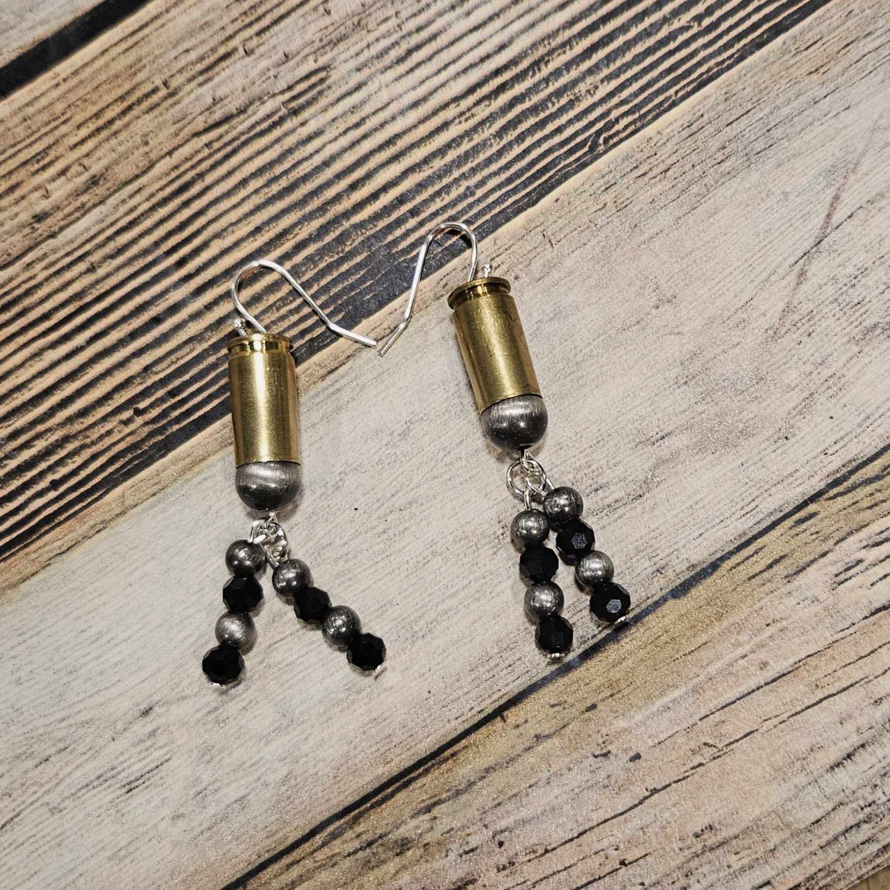 navajo pearl earrings, black crystal bead earrings, silver ammo earrings