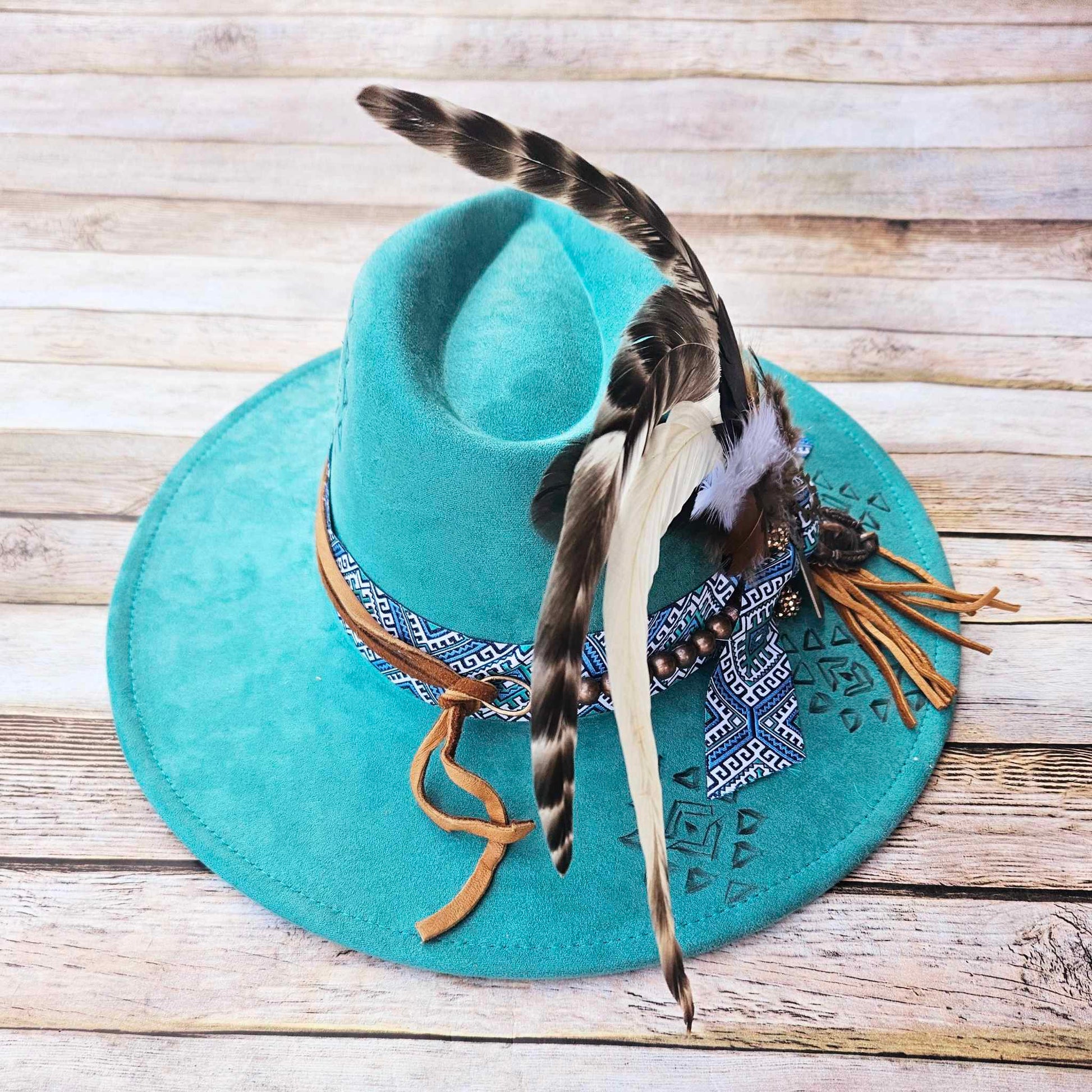teal wide brim, aztec burned hat, feather brimmed hat, southwestern hat, handcrafted h