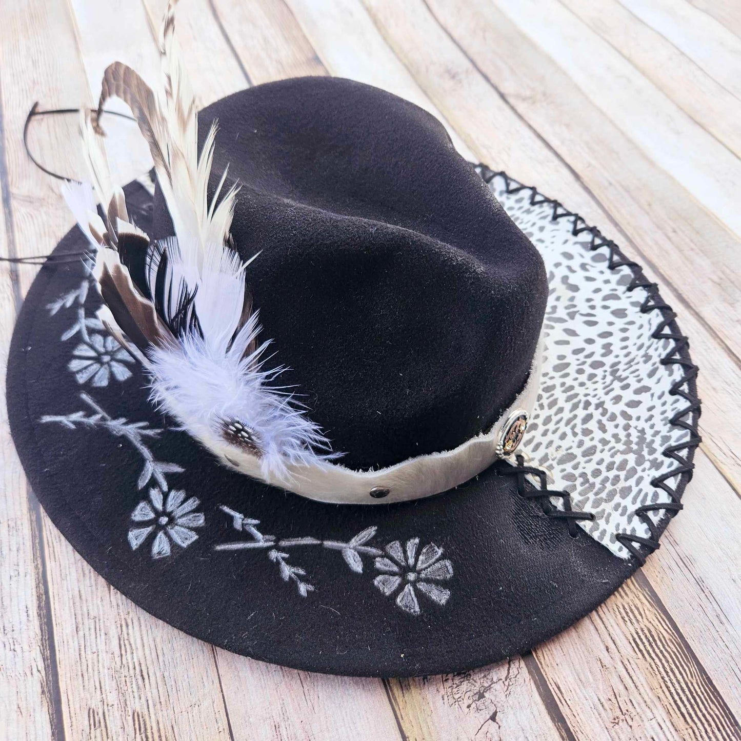 Black Floral Burned and Snow Leopard Leather Wide Brim Hat