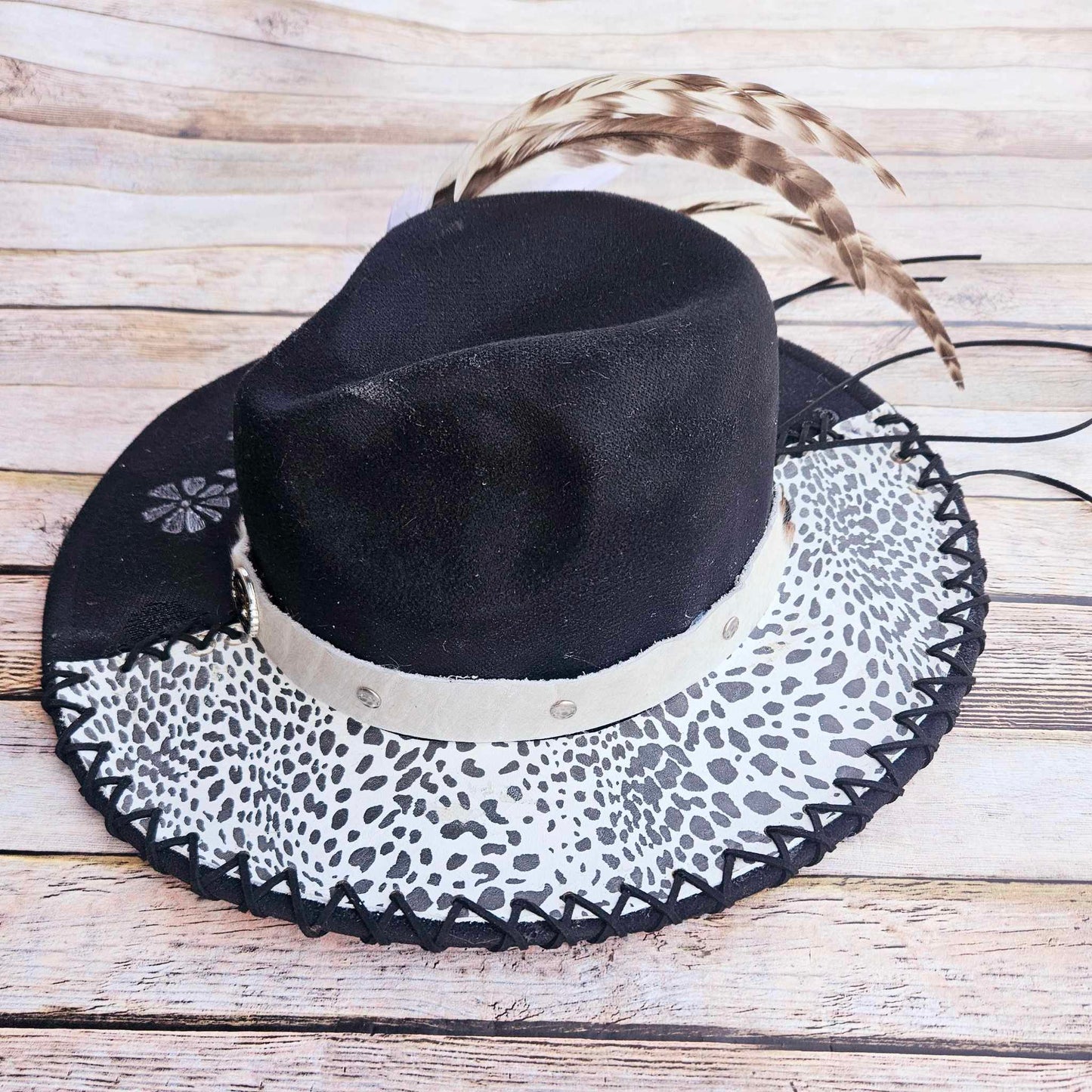 Black Floral Burned and Snow Leopard Leather Wide Brim Hat