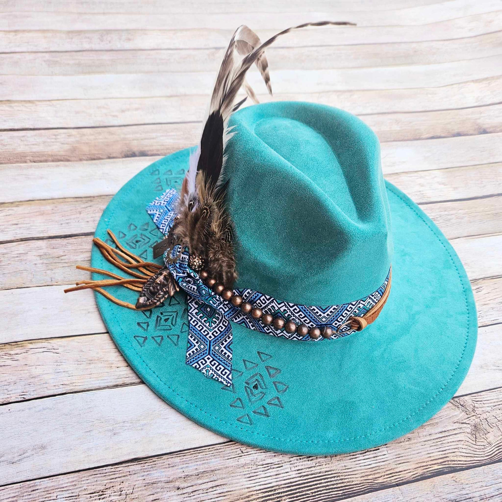 teal wide brim, aztec burned hat, feather brimmed hat, southwestern hat, handcrafted hat