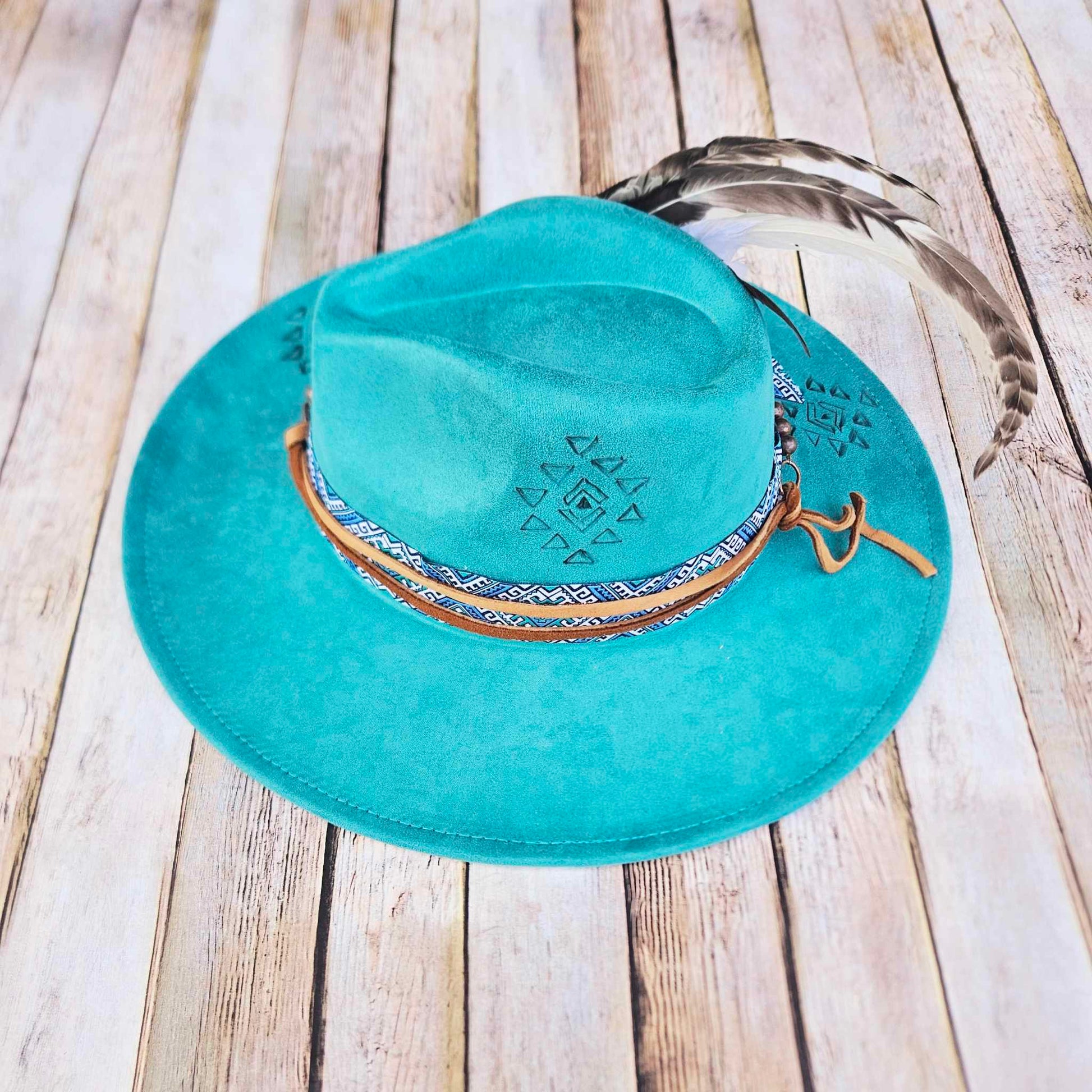 teal wide brim, aztec burned hat, feather brimmed hat, southwestern hat, handcrafted h