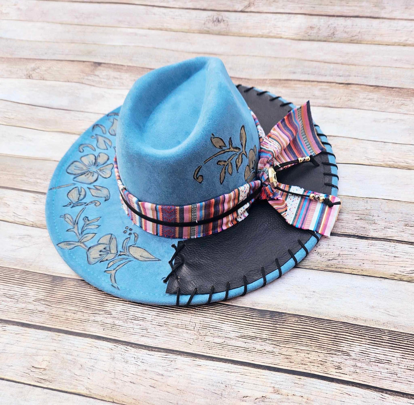 blue brimmed hat, floral burned hat, leather stitched hat, handmade hats,