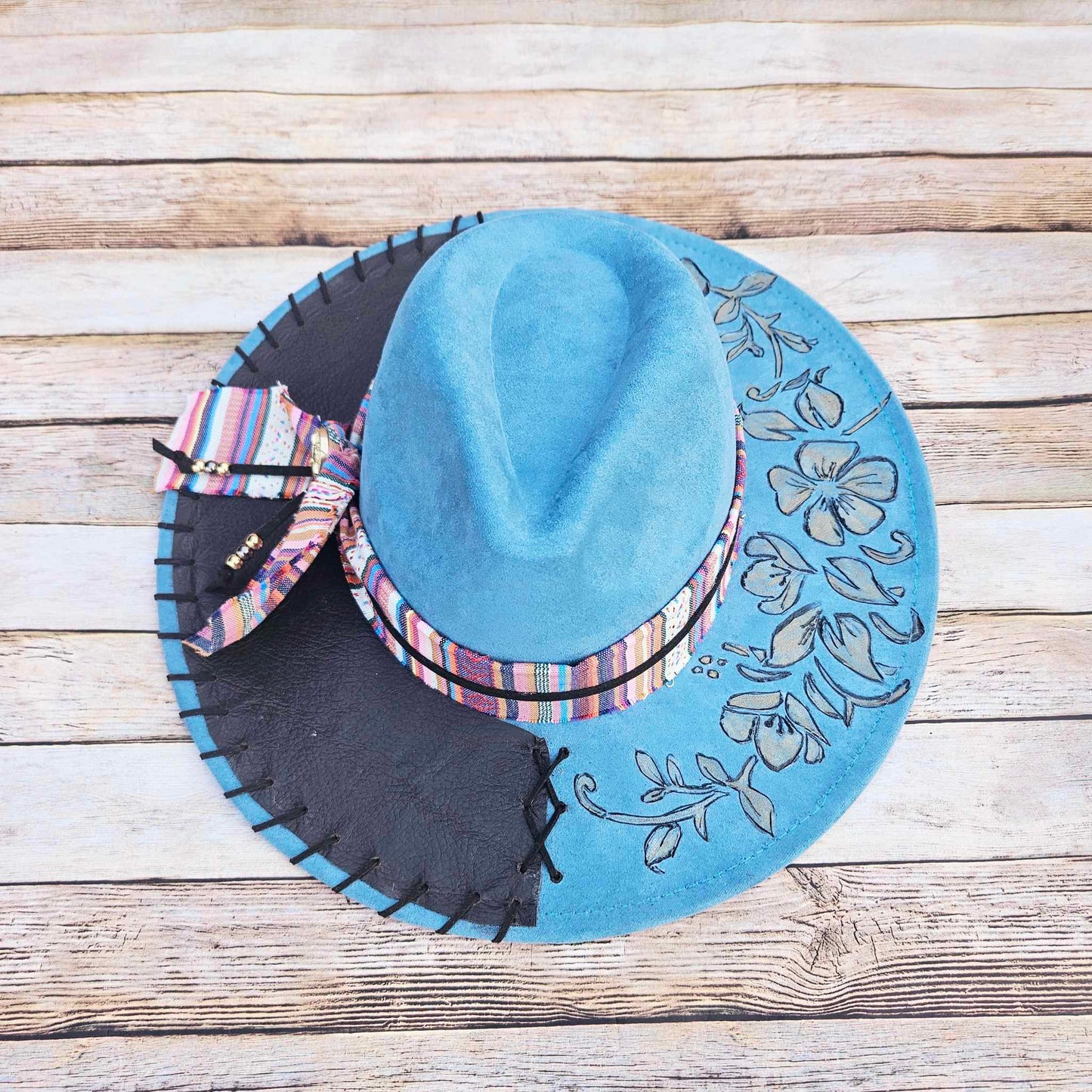blue brimmed hat, floral burned hat, leather stitched hat, handmade hats,
