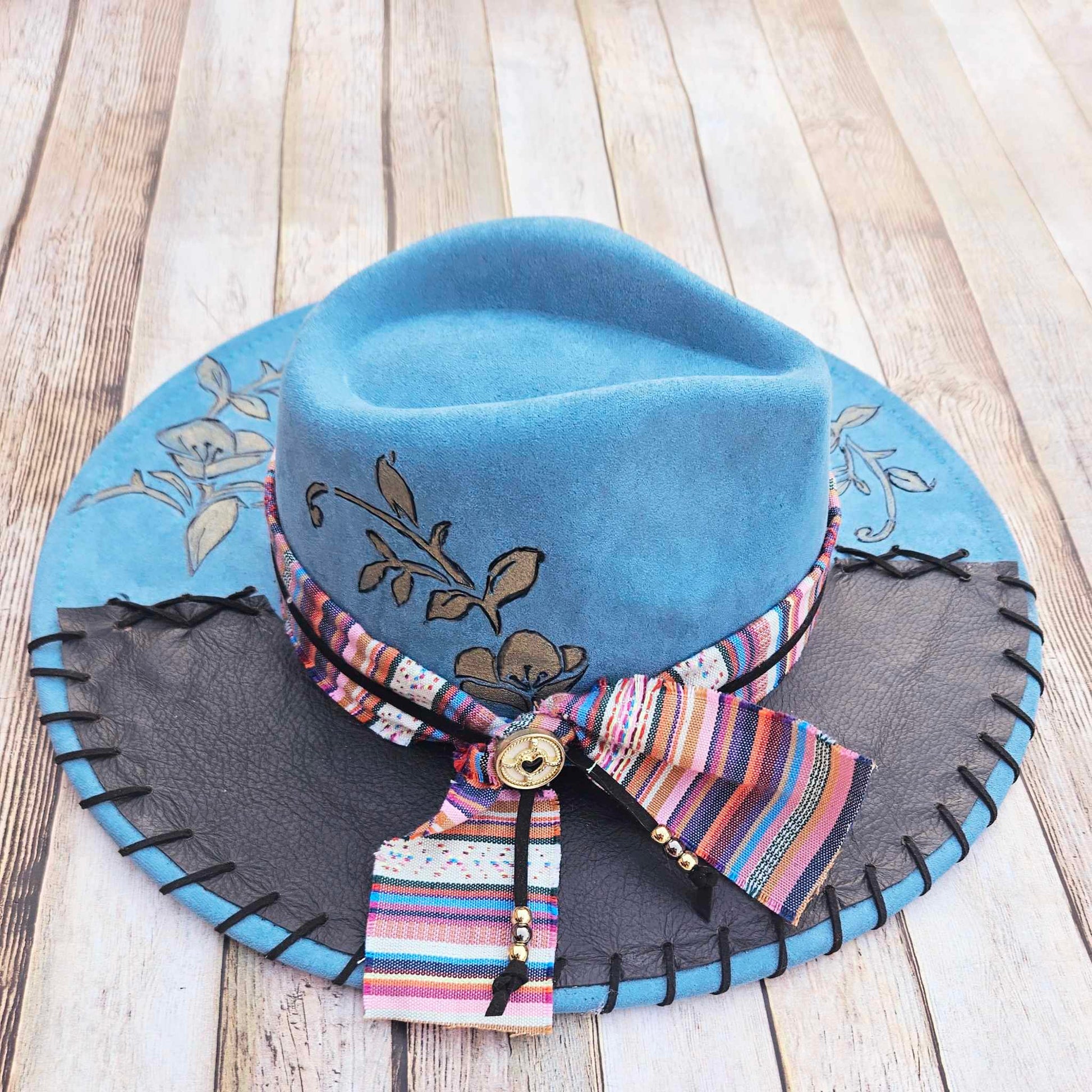 blue brimmed hat, floral burned hat, leather stitched hat, handmade hats,