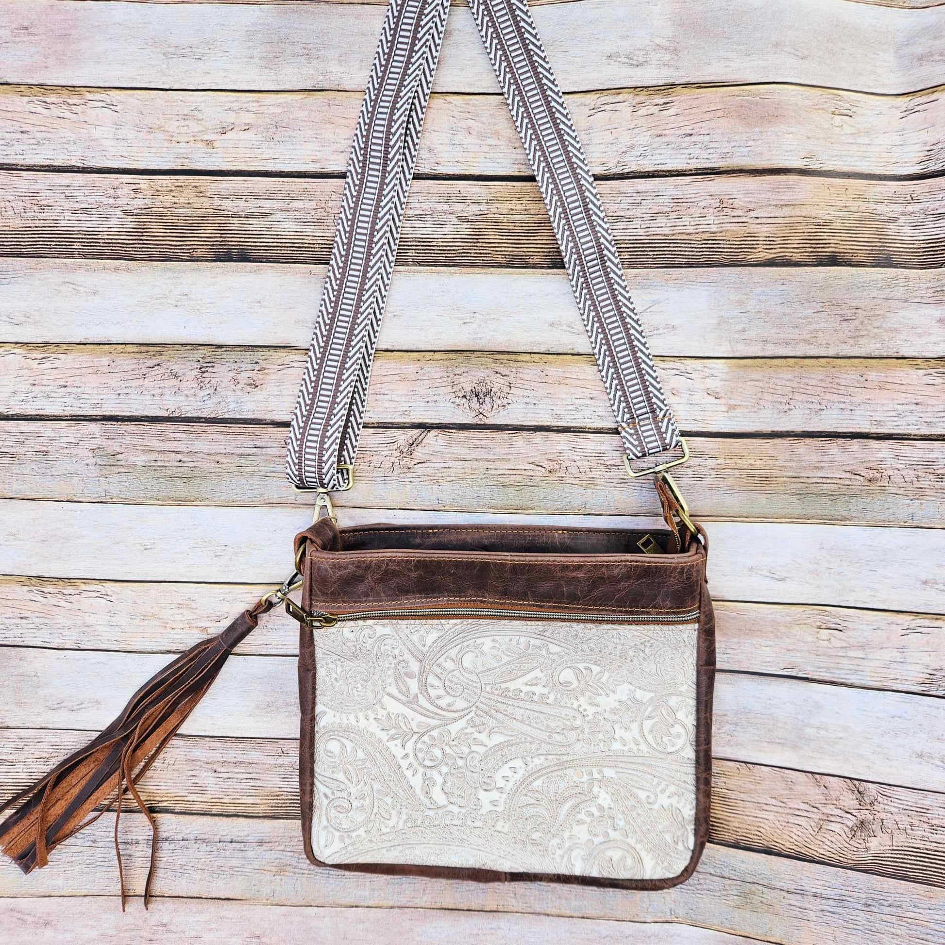 white paisley leather cross body, brown leather bag, conceal carry bag, cross body bag, handmade leather handbag