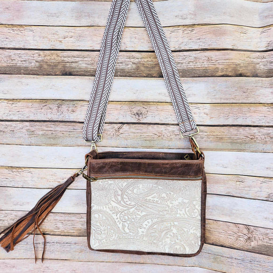 white paisley leather cross body, brown leather bag, conceal carry bag, cross body bag, handmade leather handbag