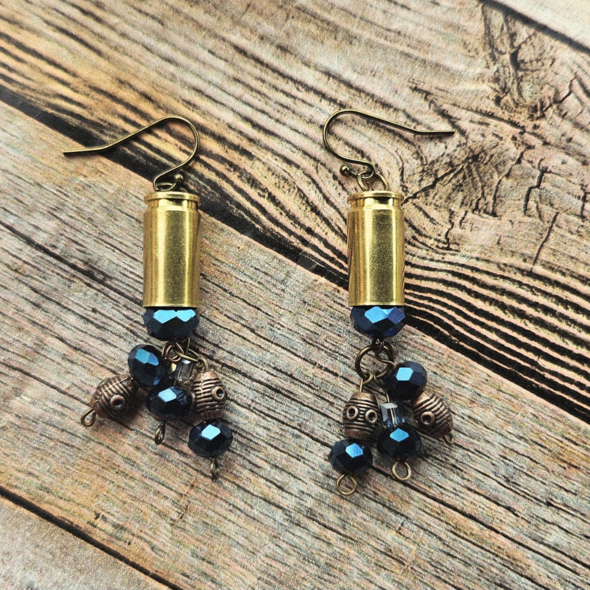 blue crystal ammo earrings, copper gun shell jewelry, assorted crystal bead earrings