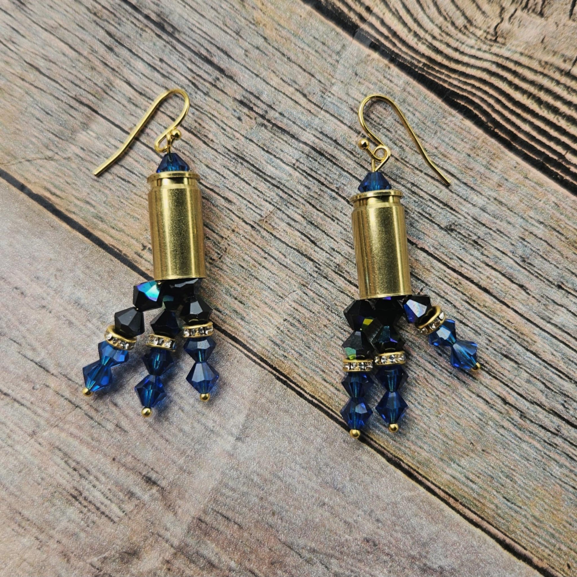 black and blue crystal earrings, ammo jewelry, rhinestone beaded earrings, shot gun shell earrings