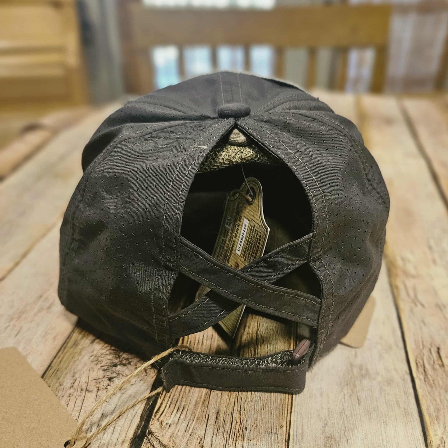 grey cap with coral embroidered she is strong, denim patch cap, ponytail grey cap