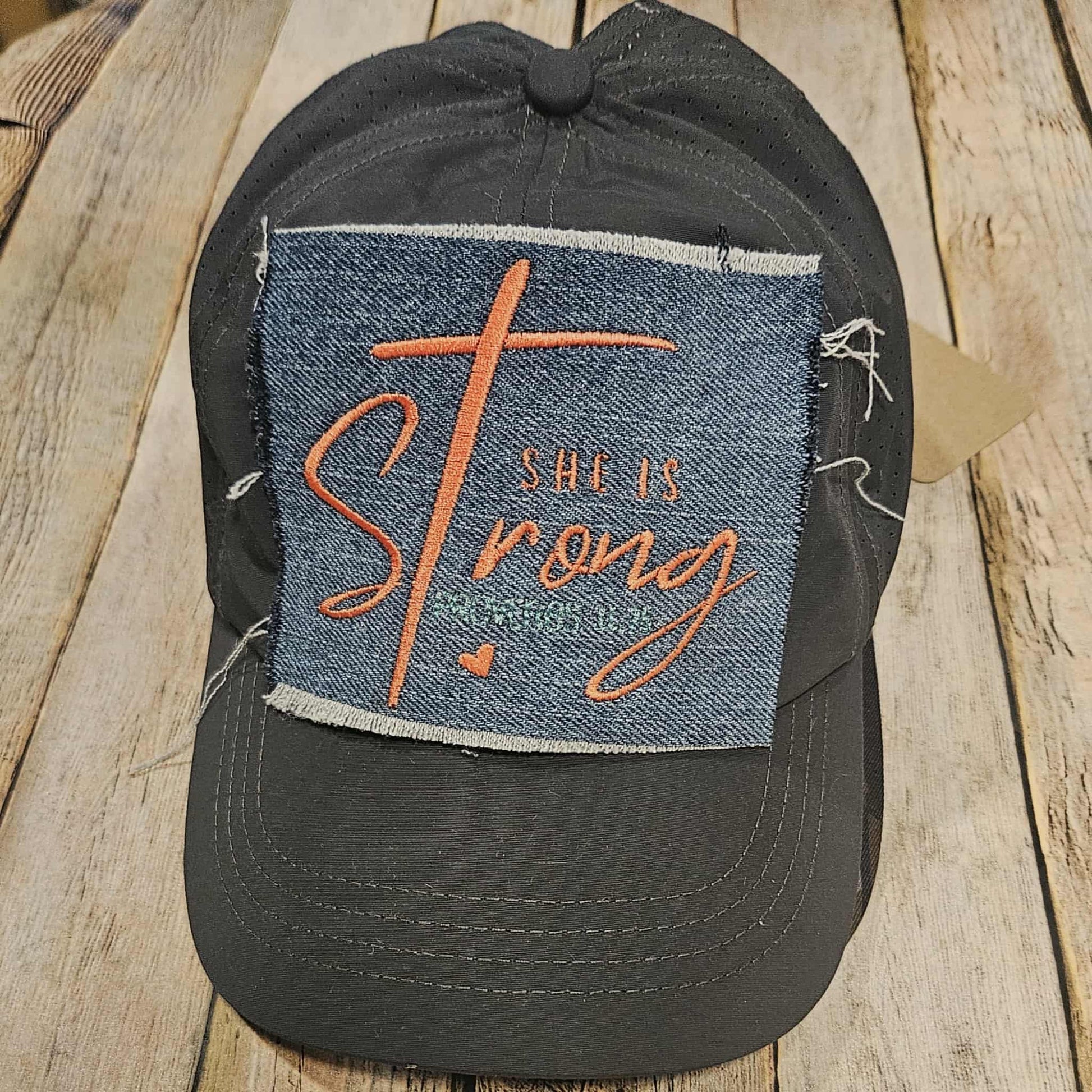 grey cap with coral embroidered she is strong, denim patch cap, ponytail grey cap