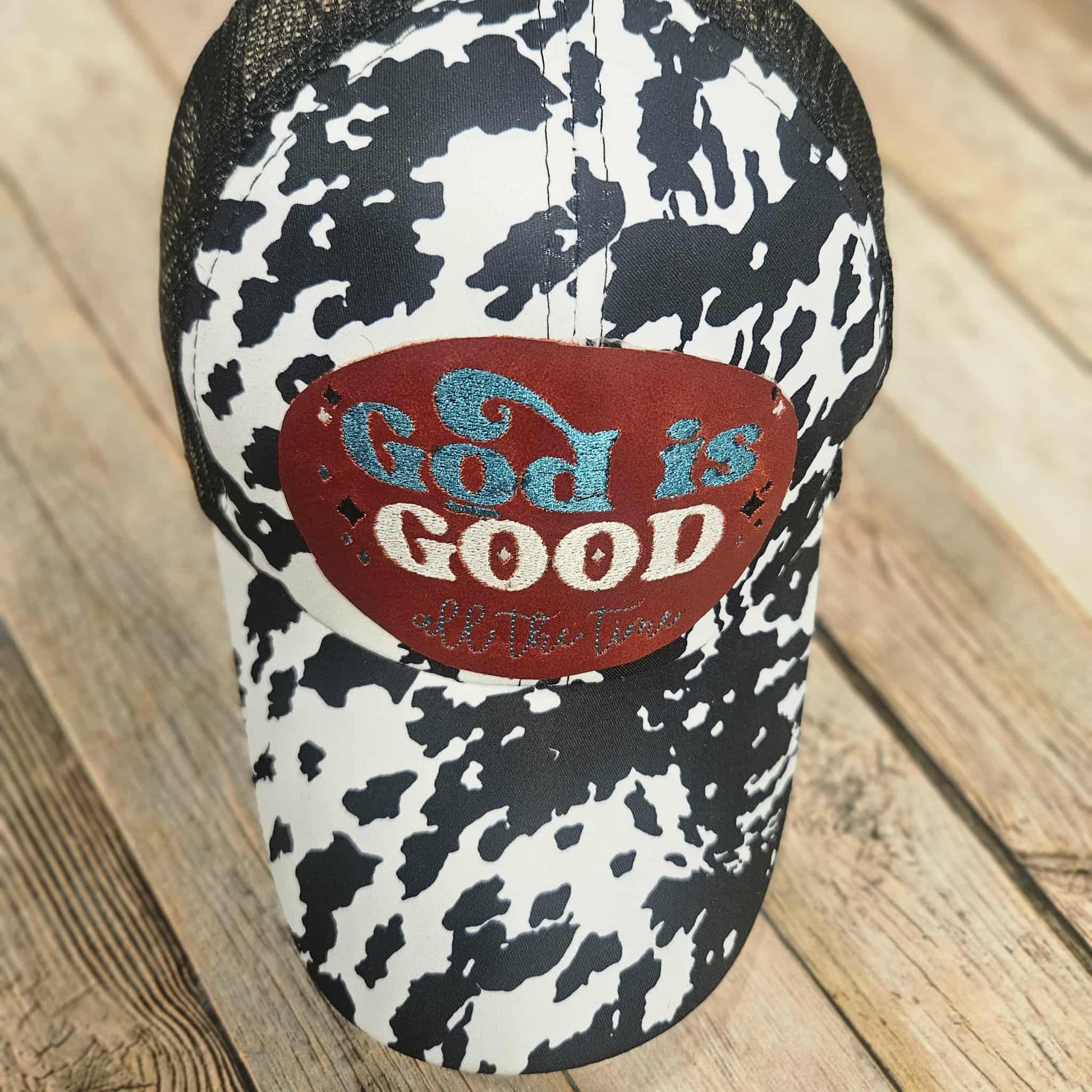 God is Good embroidered leather patch, cow print cap with leather patch, God is good all the time hat