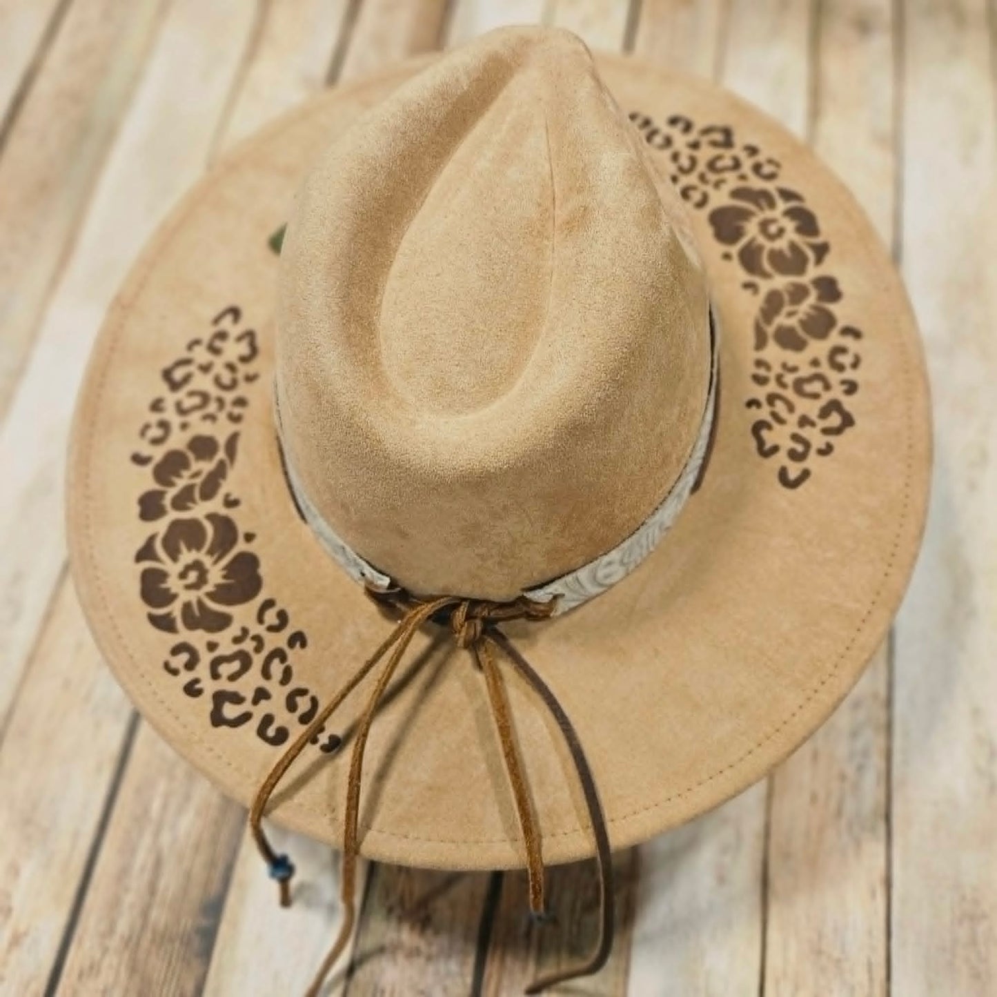 laser burned large brim hat, hibiscus flower and leopard burned hat, leather flower hat leather banded hat, handmade hat