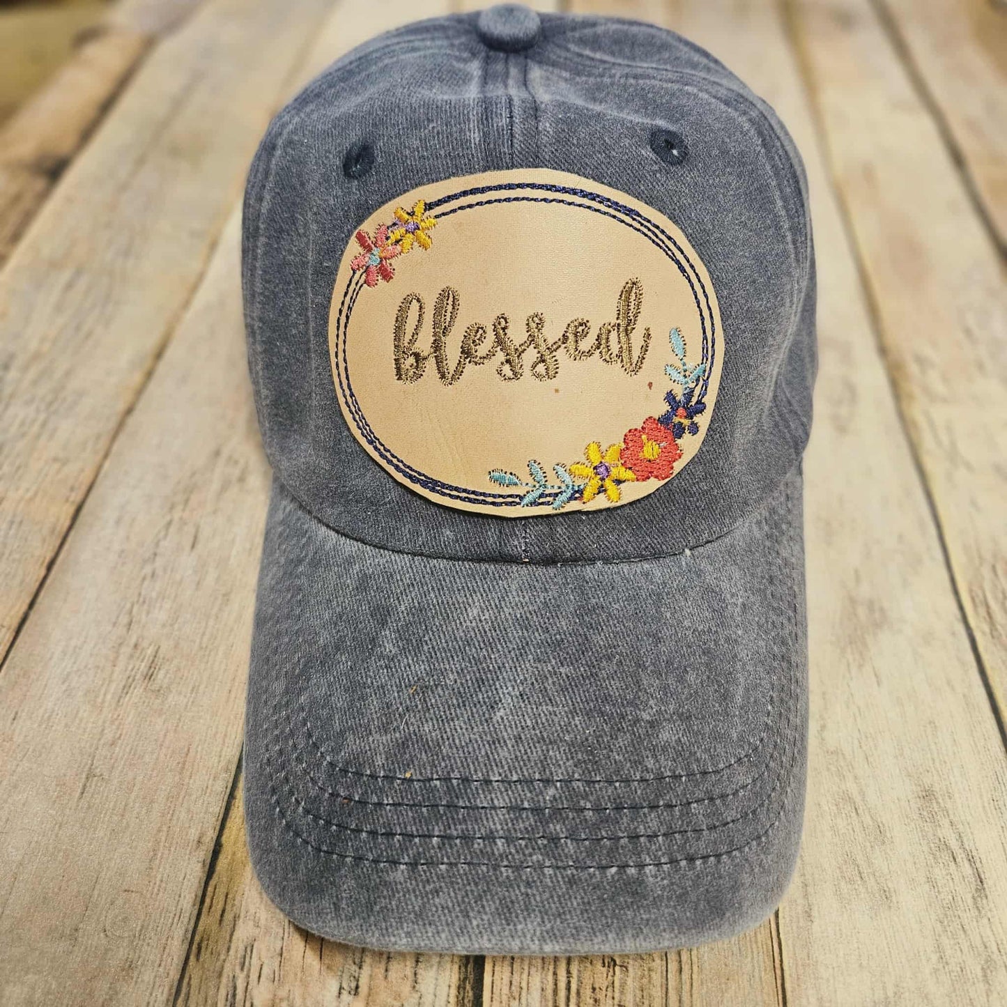 Blue denim cap with Leather Blessed embroidered patch, leather patch hat, blessed ball cap, floral embroidered hat