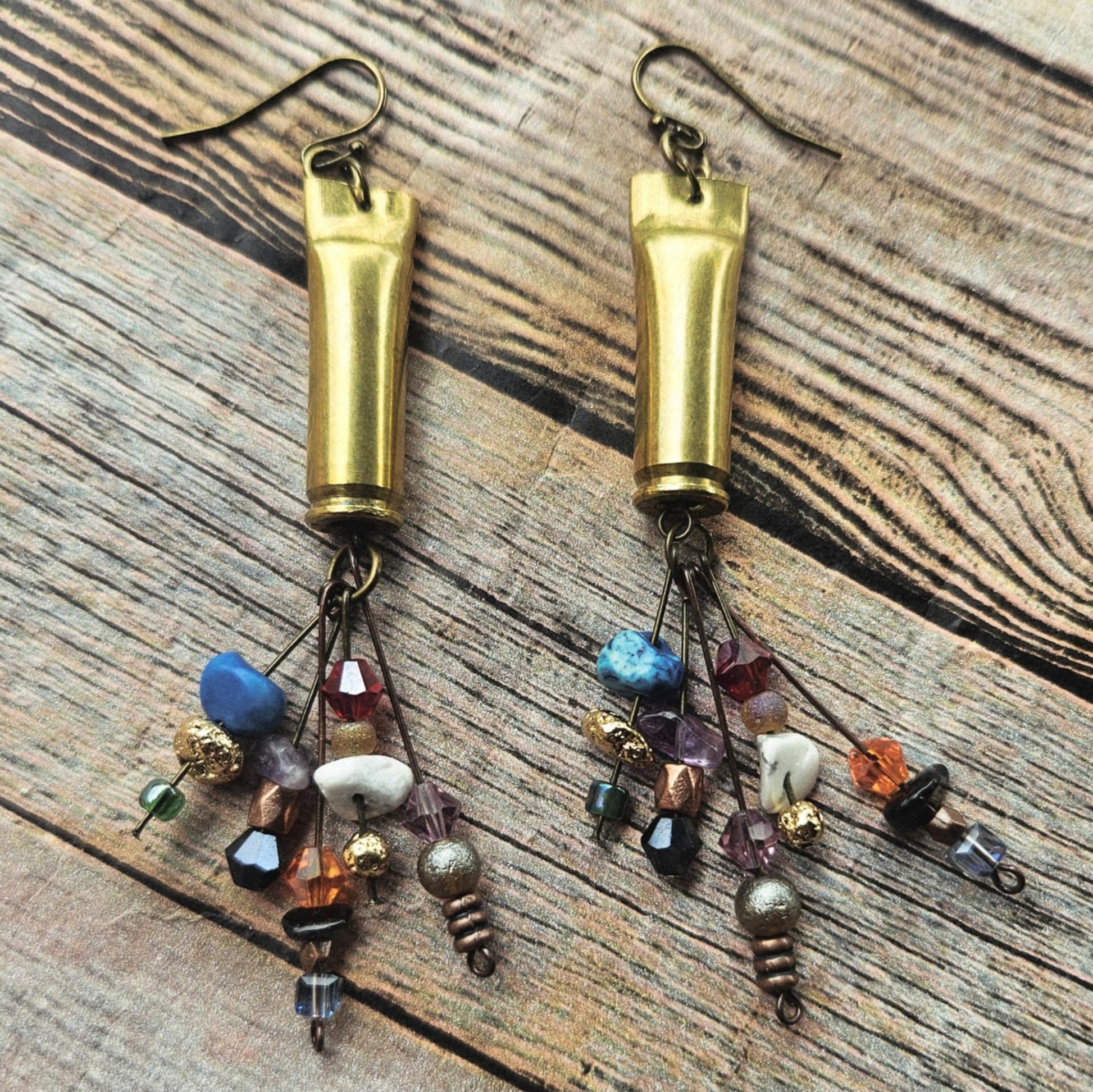 ammo earrings, crystal bead, earthy rock beads, dangle earrings, shot gun shell jewelry