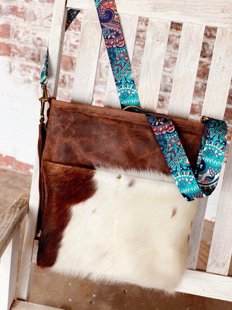 Mahala’s Heritage Brown-White Cowhide Convertible Crossbody