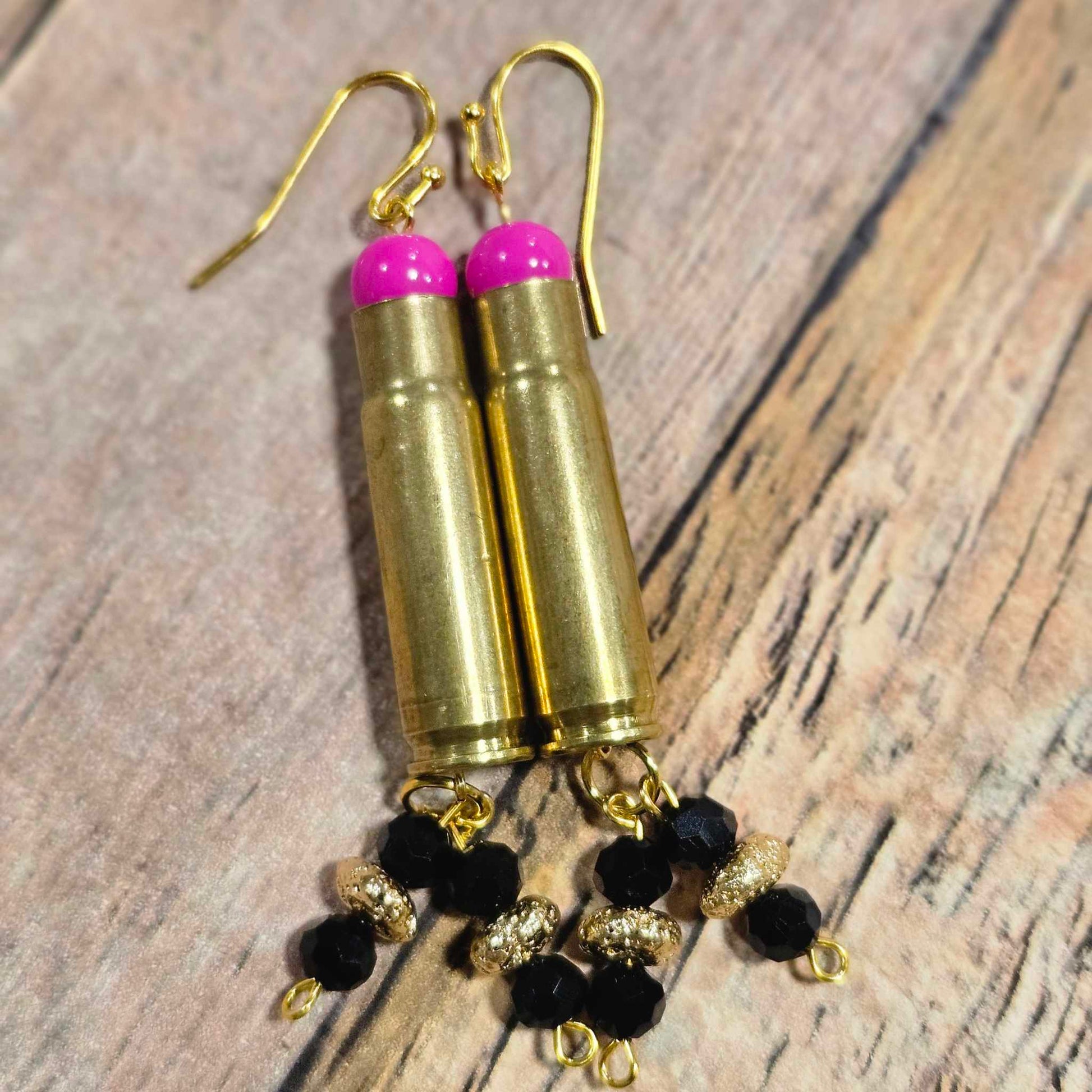 gold hook ammo earring, bullet case earrings, black crystal tassel earrings, pink bead jewelry, handmade earrings