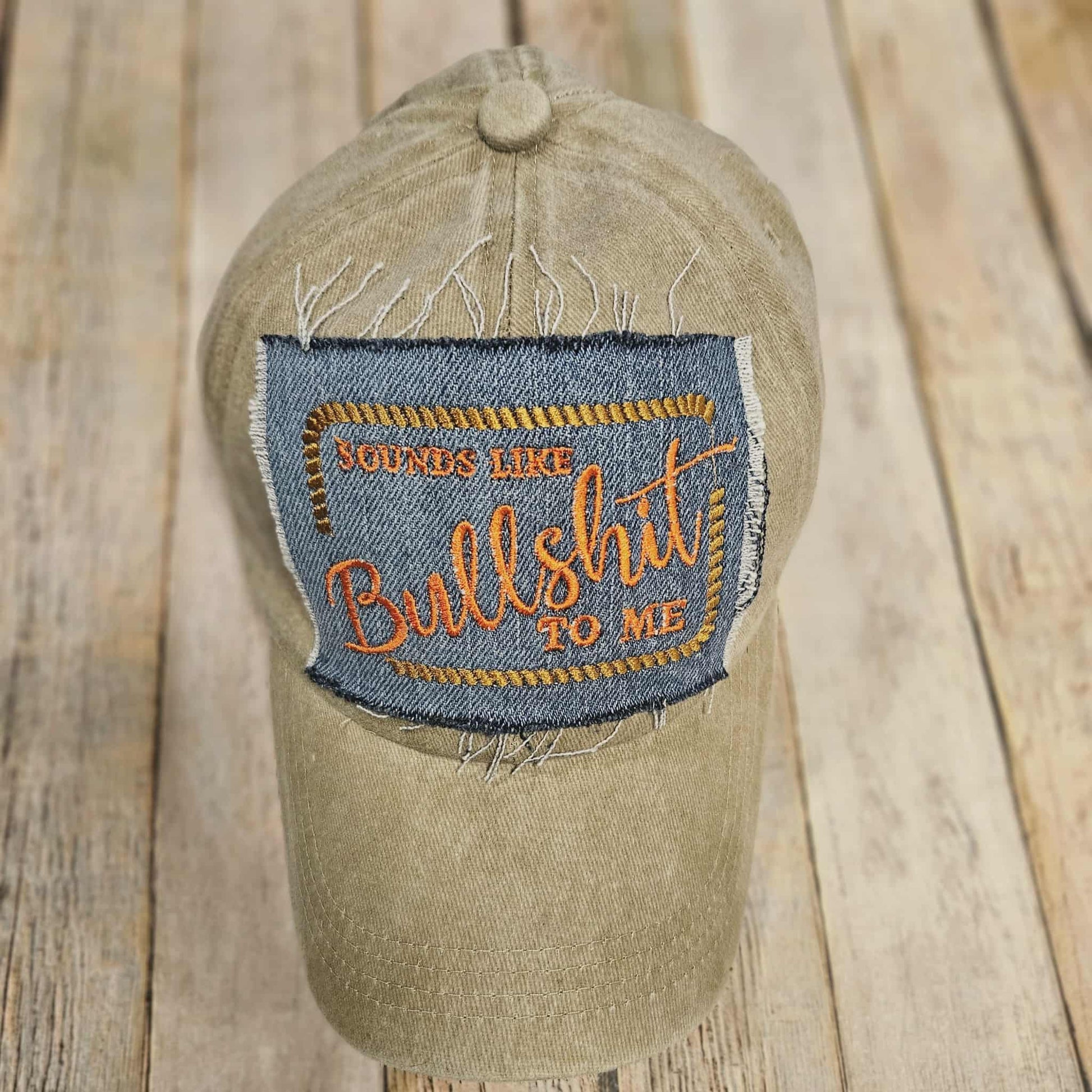 wheat colored ball cap, embroidered patch cap, Bullshit embroidered cap, denim patch