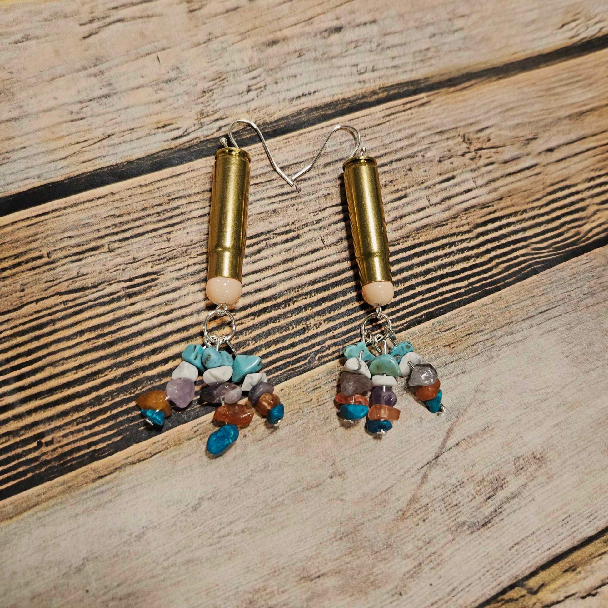 rock ammo jewelry, rock tassel earrings, coral bead jewelry, ammo earrings, silver hook earrings