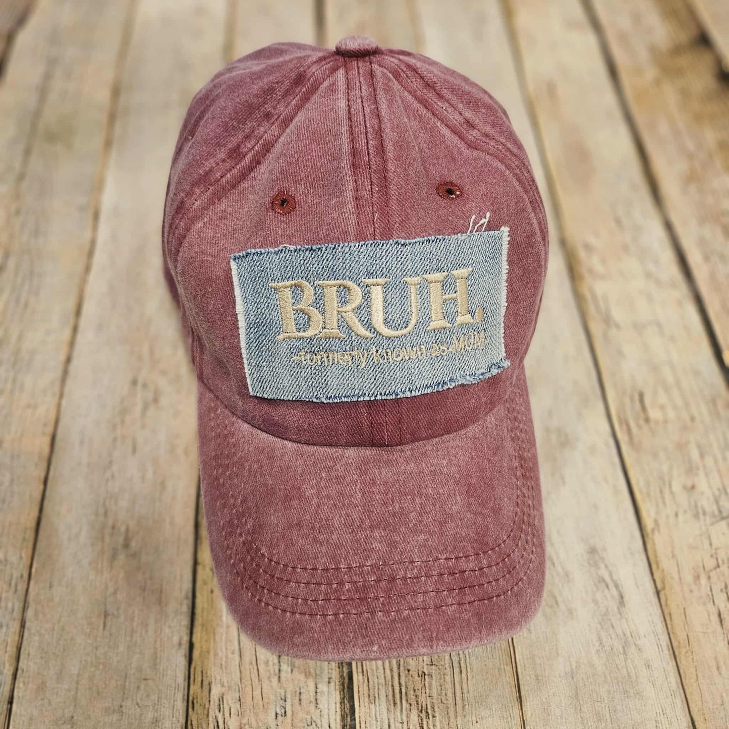 maroon cap, denim "Bruh" formally known as mom crisscross patch hat, embroidered denim patch ball cap